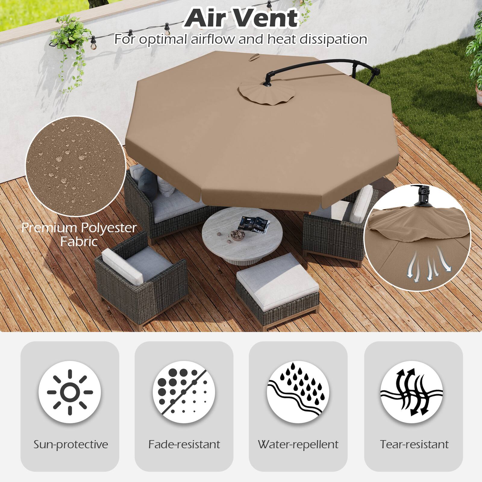 Air Vent  
For optimal airflow and heat dissipation  

Premium Polyester Fabric  

Sun-protective  
Fade-resistant  
Water-repellent  
Tear-resistant