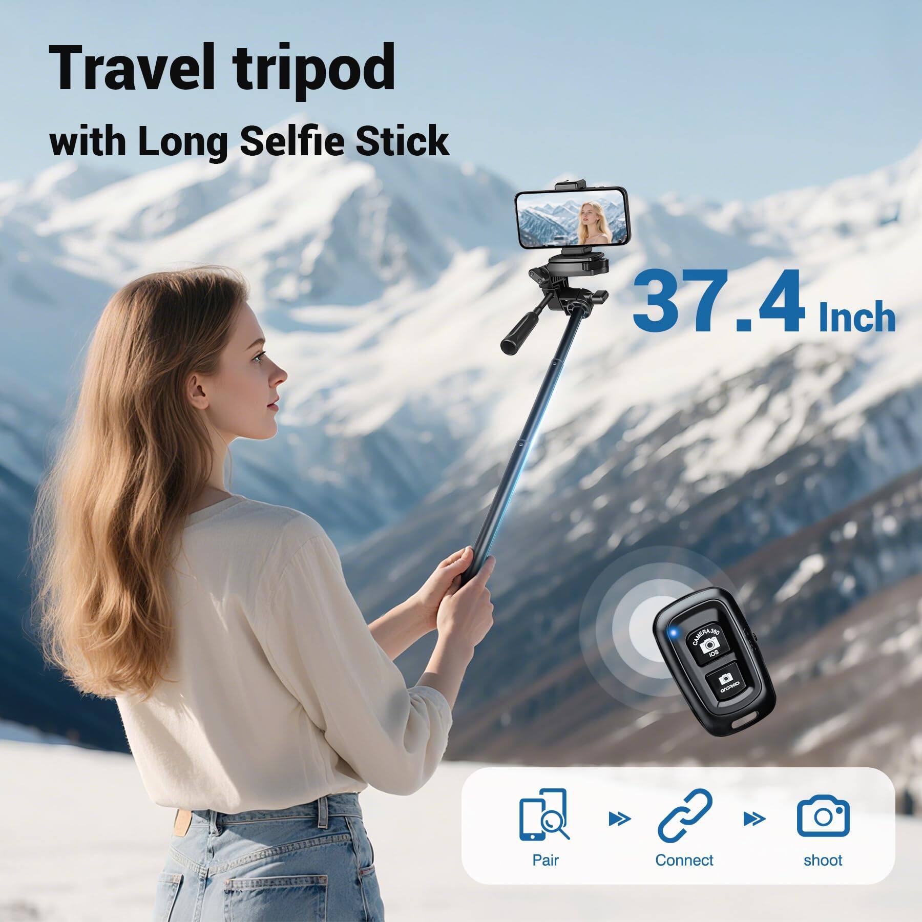 Travel tripod with Long Selfie Stick  
37.4 Inch  

Pair Connect shoot