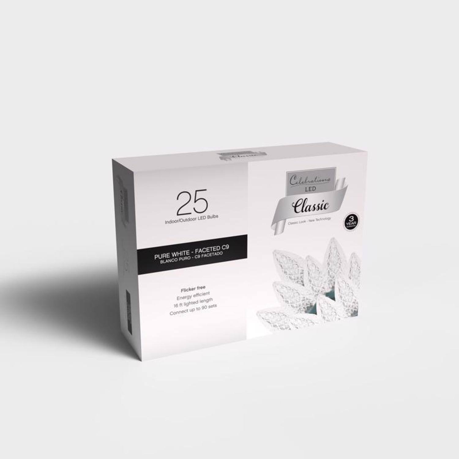 25 Bulbe Indoor/Outdoor LED Calibrations LED Classic 3 YEAR FACETED C9. PURE WHITE CP FACETADO BLANCO PURO Flicker free efficient Energy length 36 ft lighted sece to 90 Connect ME