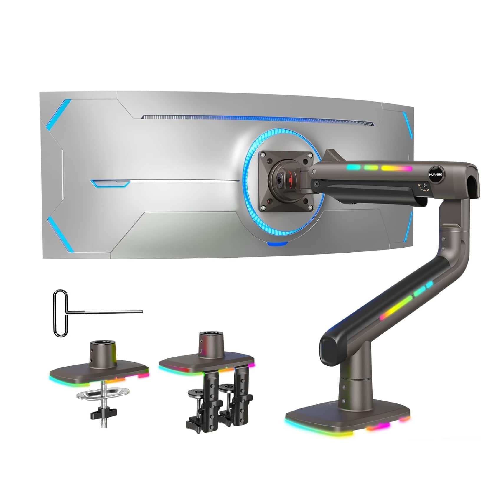 HUANUO - Single Monitor Desk Mount with Mechanical Spring Arm, Integrated LED Light, & Supports up to a 57” Monitor - Black