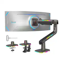 Front. HUANUO - Single Monitor Desk Mount with Mechanical Spring Arm, Integrated LED Light, & Supports up to a 57” Monitor - Black.