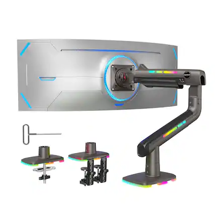 Front. HUANUO - Single Monitor Desk Mount with Mechanical Spring Arm, Integrated LED Light, & Supports up to a 57” Monitor - Black.