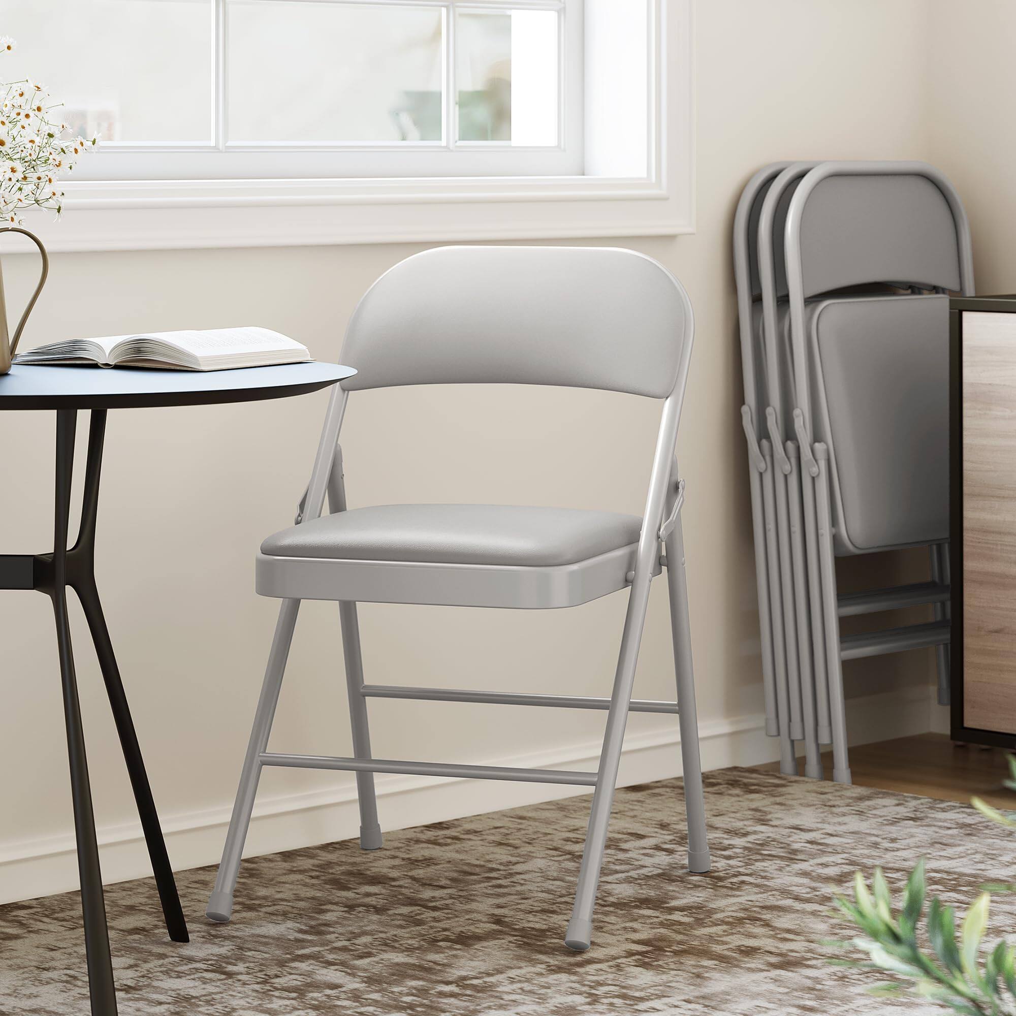 Back. Homhougo - 2 Pack Grey Folding Chairs with Padded Cushion and Back, Folding Chairs for Outside - Gray.