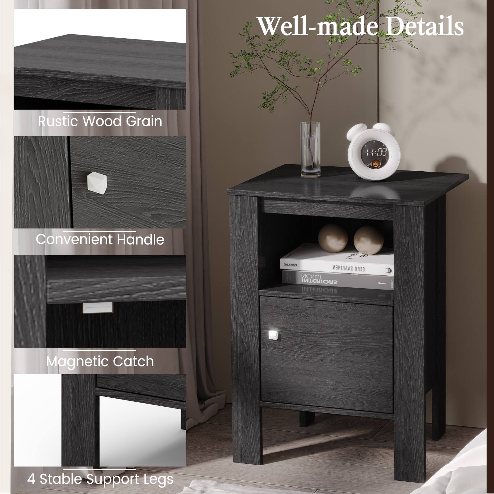Well-made Details

- Rustic Wood Grain
- Convenient Handle
- Magnetic Catch
- 4 Stable Support Legs