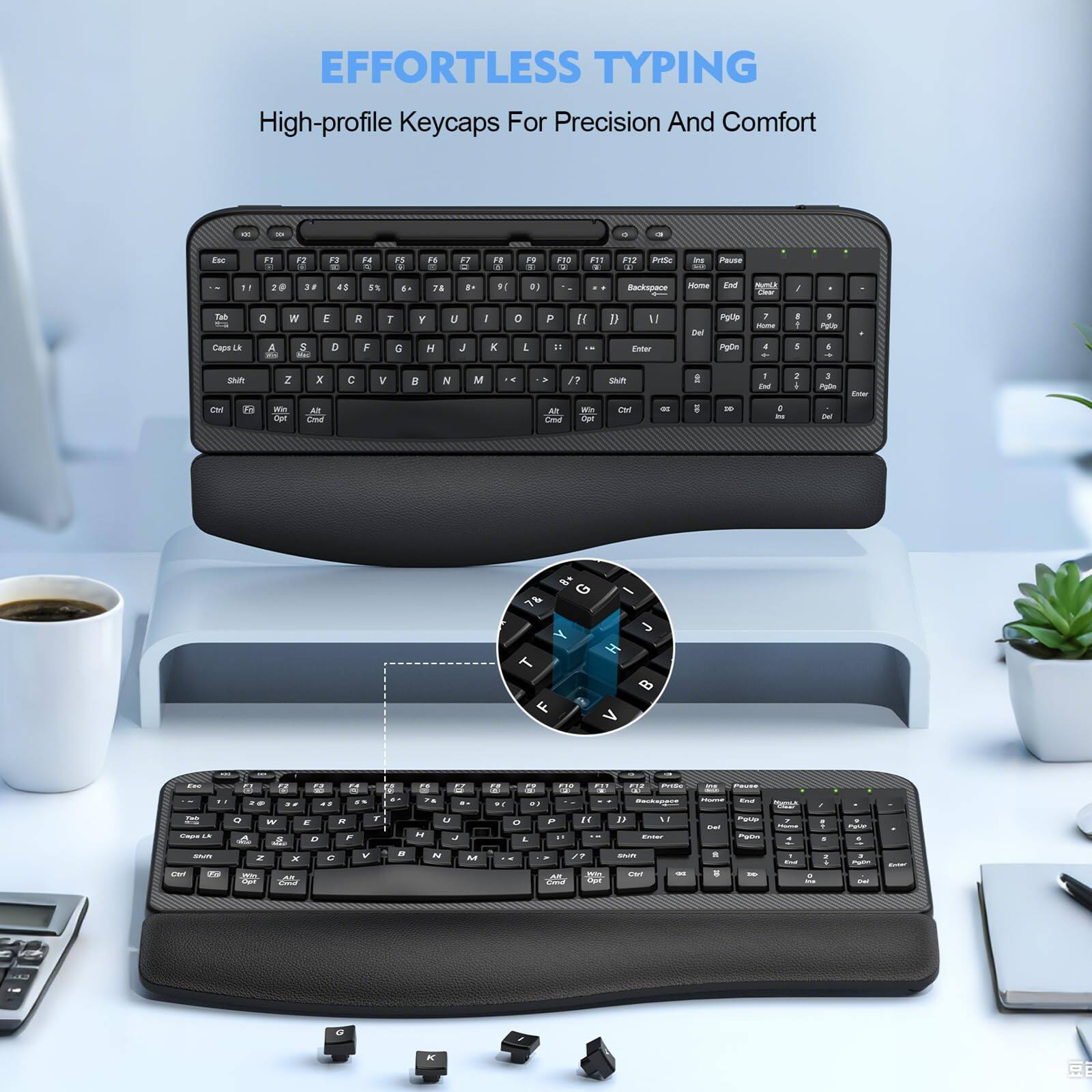 EFFORTLESS TYPING  
High-profile Keycaps For Precision And Comfort  

F1 F2 F3 F4 F5 F6 F7 F8 F9 F10 F11 F12  
Pause  
Esc 1 2 3 4 5 6 7 8 9 0 - = Backspace  
Tab Q W E R T Y U I O P [ ] \  
Caps Lock A S D F G H J K L ; ' Enter  
Shift Z X C V B N M , . / Shift  
Fn Ctrl Win Alt Spacebar Alt Opt  
Home End PgUp PgDn  
Insert Delete  
0 1 2 3 4 5 6 7 8 9 . /  
Enter  
PgUp PgDn  
Home End  
Insert Delete  
0 1 2 3 4 5 6 7 8 9 . /  
Enter  
PgUp PgDn  
Home End  
Insert Delete  
0 1 2 3 4 5 6 7 8 9 . /  
Enter  
PgUp PgDn  
Home End  
Insert Delete  
0 1 2 3 4 5 6