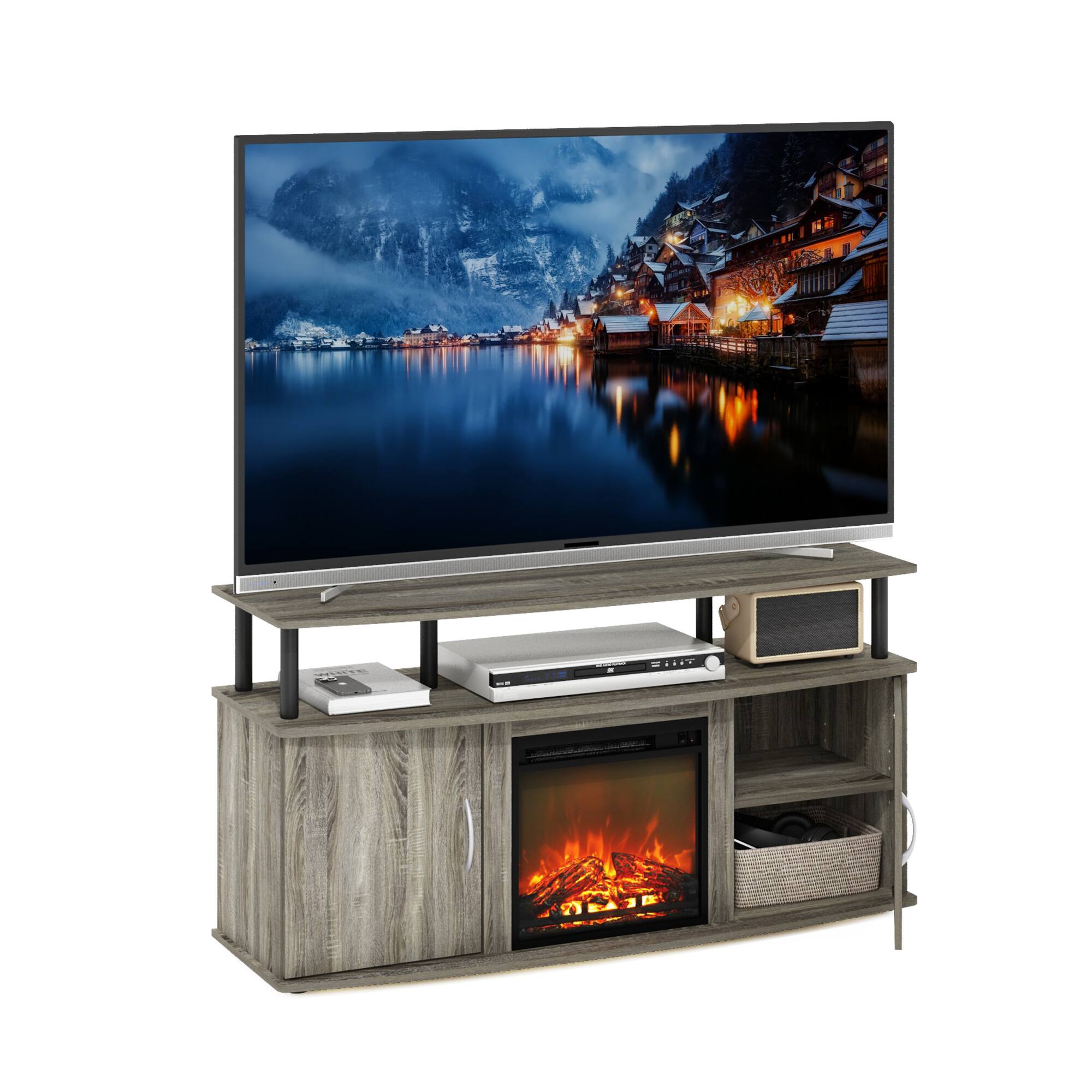 Alt View 3. Furinno - Jensen Living Room Fireplace Entertainment Center with Doors Storage Cabinet for TV up to 55 Inch - French Oak Grey/Black.