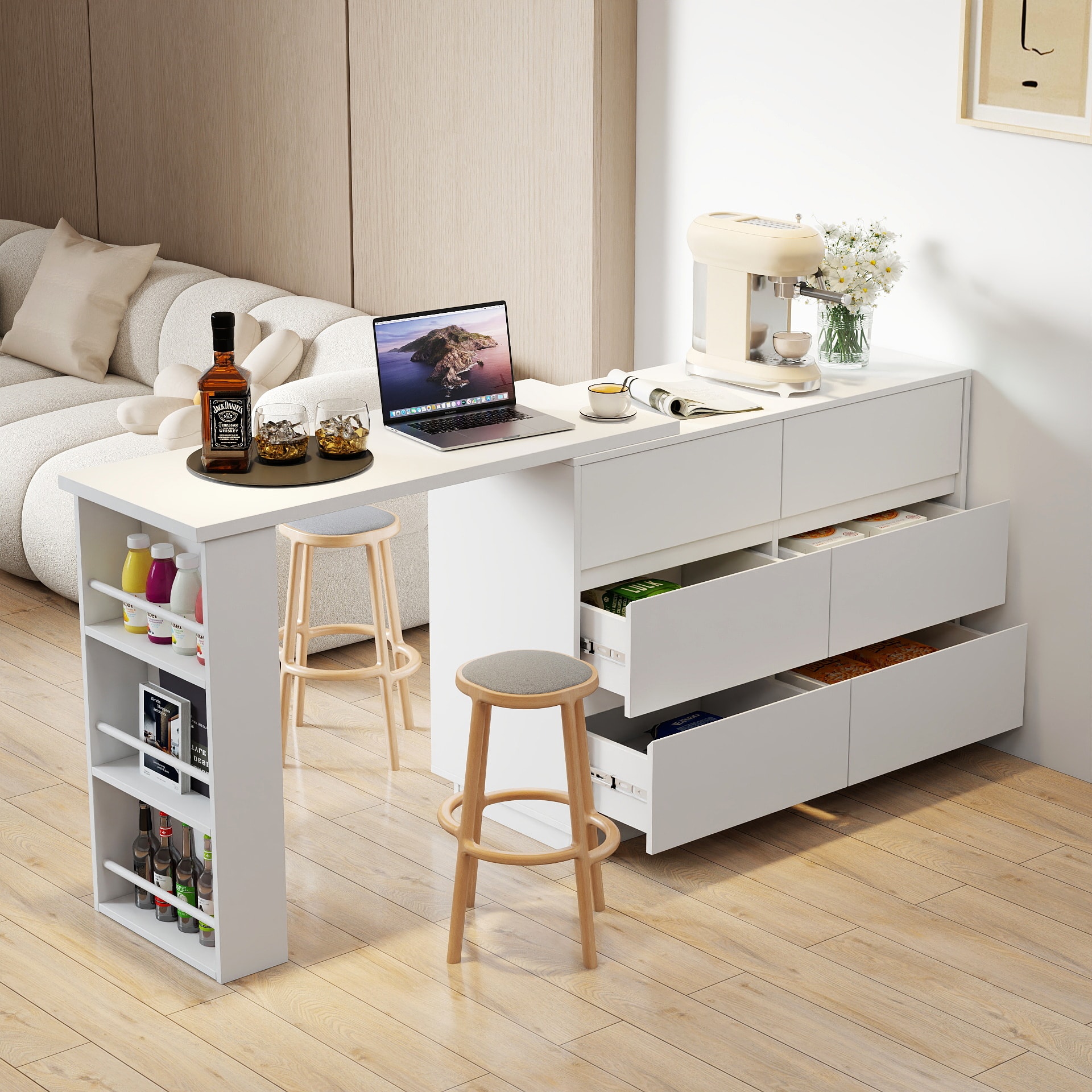 Tiramisubest - L Shaped Computer Desk with Drawers,Modern Corner Home Office Desk with Reversible Storage Cabinet - White