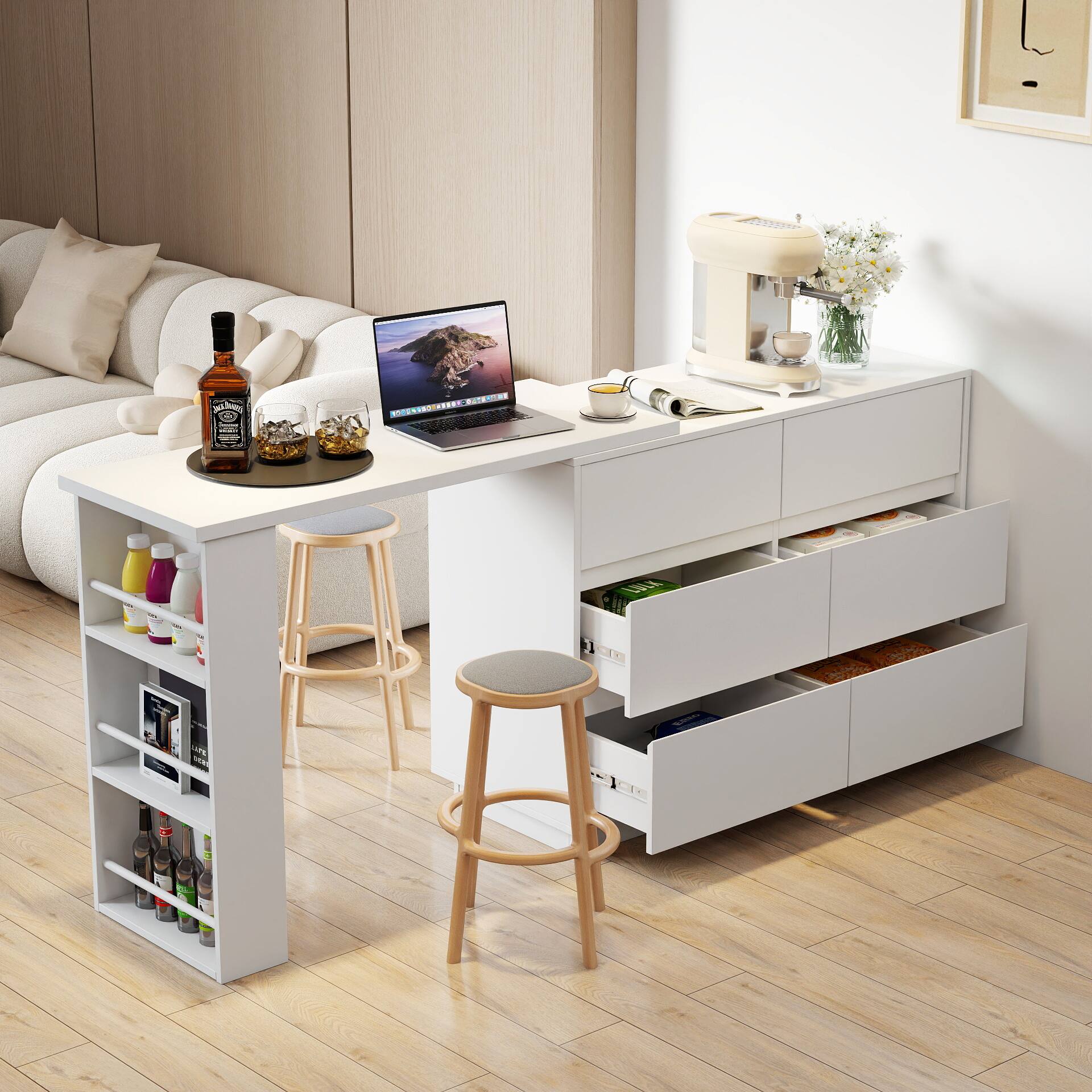 Front. GOODSILO - L-Shaped Computer Desk with Drawers & Storage, Corner Home Office Desk, Reversible Workstation - White.