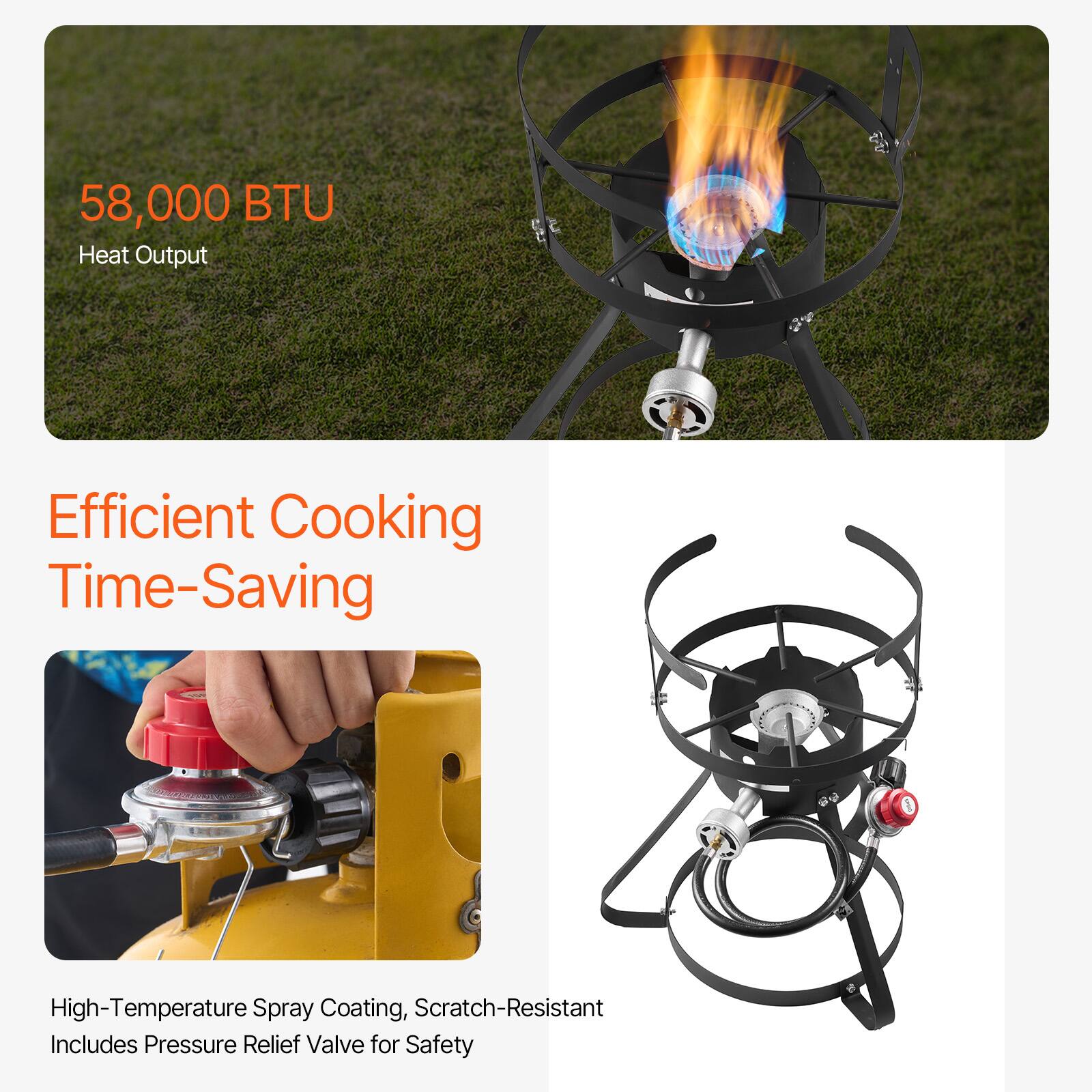 58,000 BTU  
Heat Output  

Efficient Cooking  
Time-Saving  

High-Temperature Spray Coating, Scratch-Resistant  
Includes Pressure Relief Valve for Safety