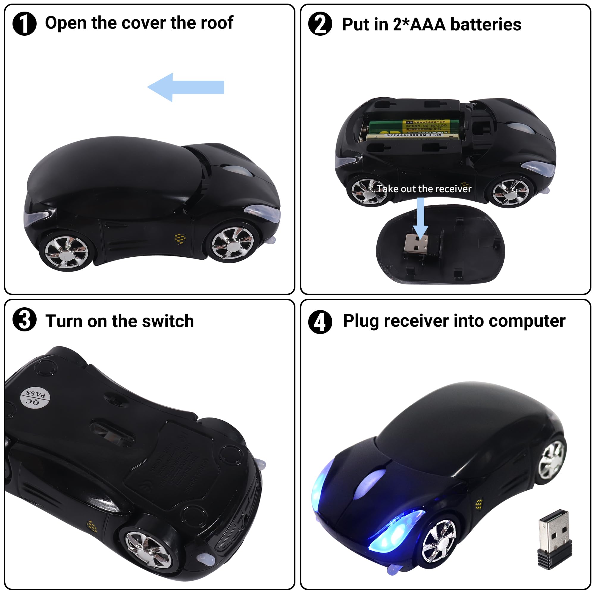 1. Open the cover on the roof
2. Put in 2*AAA batteries
   - Take out the receiver
3. Turn on the switch
4. Plug receiver into computer