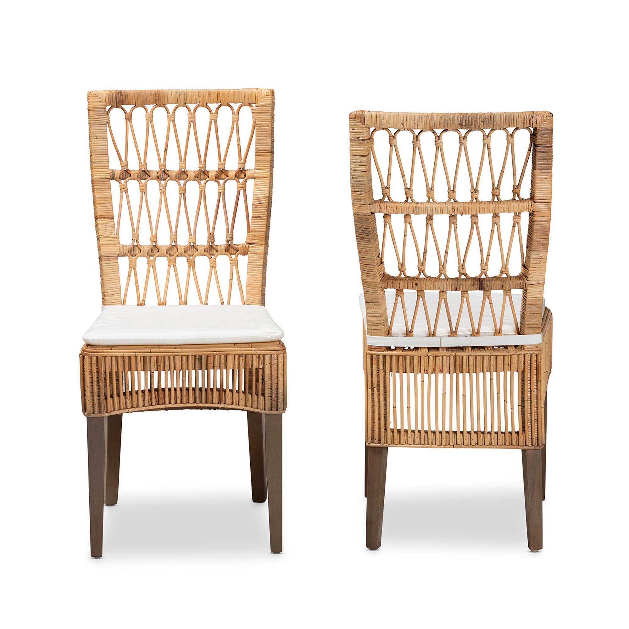 Angle. bali & pari - Sullivan Modern Bohemian Rattan 2-Piece Dining Chair Set - White/Natural Brown.