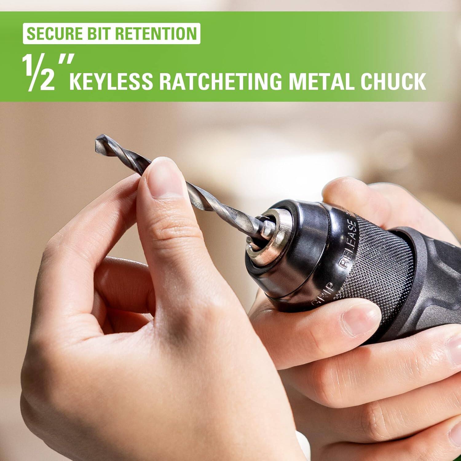 SECURE BIT RETENTION  
1/2" KEYLESS RATCHETING METAL CHUCK