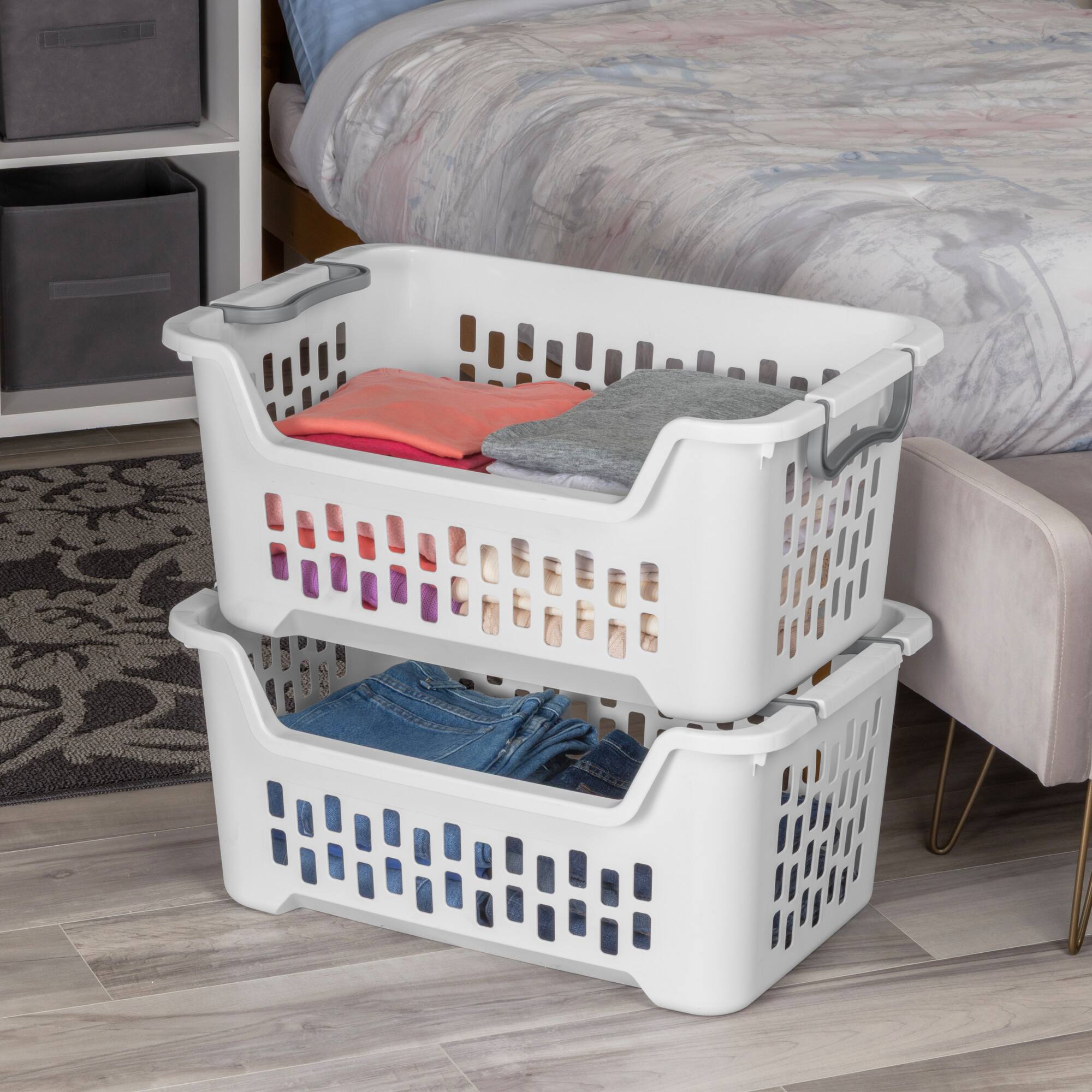 Alt View 4. Sterilite - Sterilite Stacking Laundry Basket, 2 Bushel Hamper with Handles, White, 6 Pack - White.
