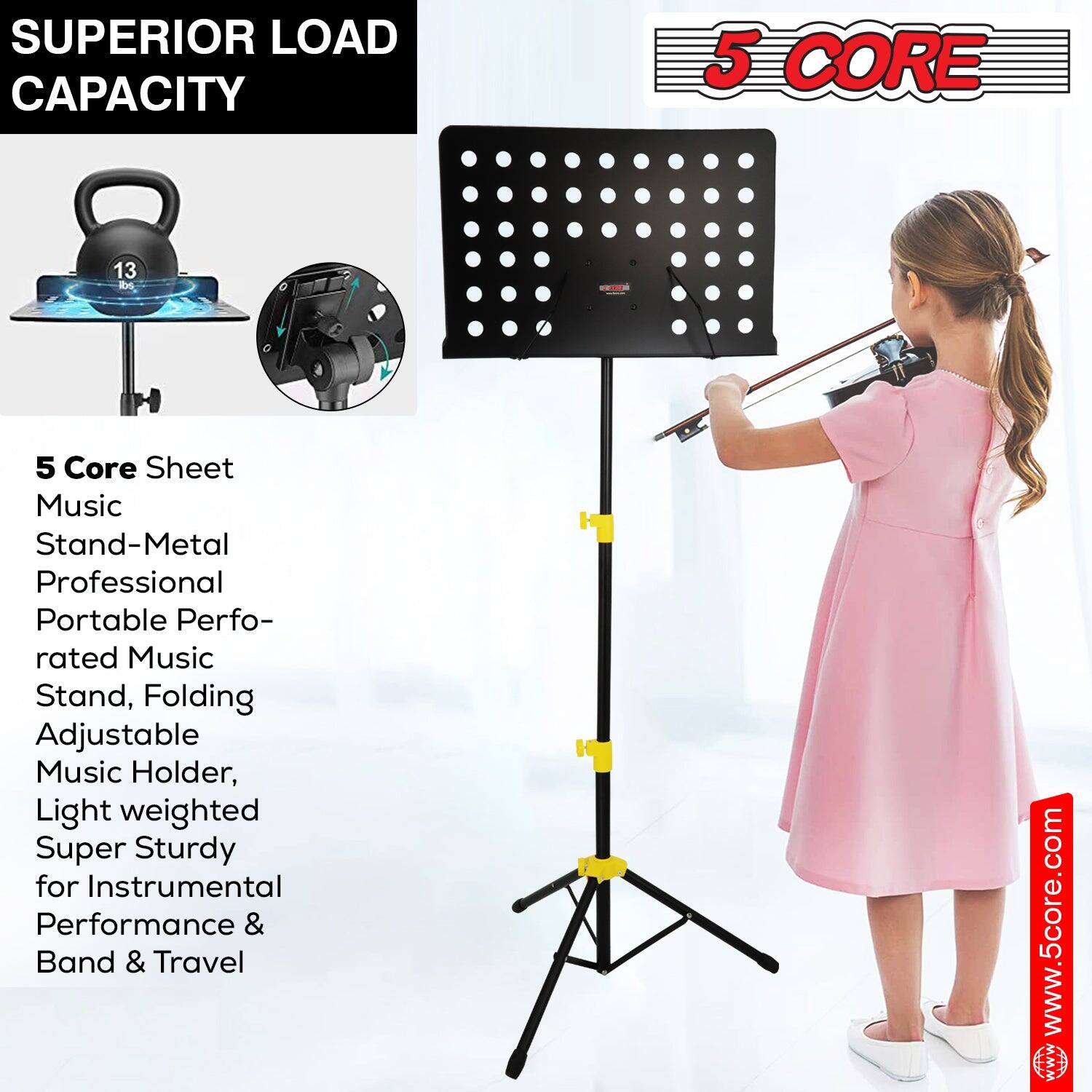 **SUPERIOR LOAD CAPACITY**

**5 CORE**

**5 Core Sheet Music Stand - Metal Professional Portable Perforated Music Stand, Folding Adjustable Music Holder, Light Weighted Super Sturdy for Instrumental Performance & Band & Travel**

www.5core.com