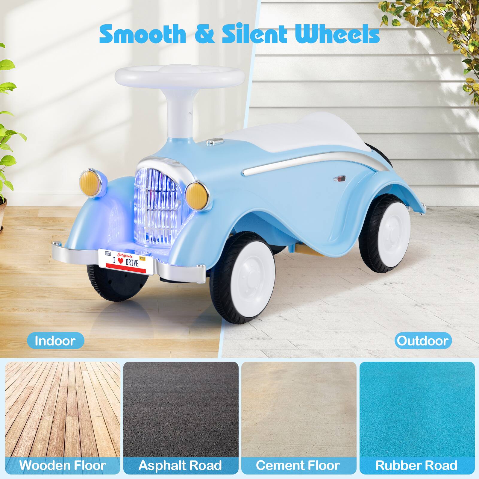 Smooth & Silent Wheels

Indoor
- Wooden Floor

Outdoor
- Asphalt Road
- Cement Floor
- Rubber Road