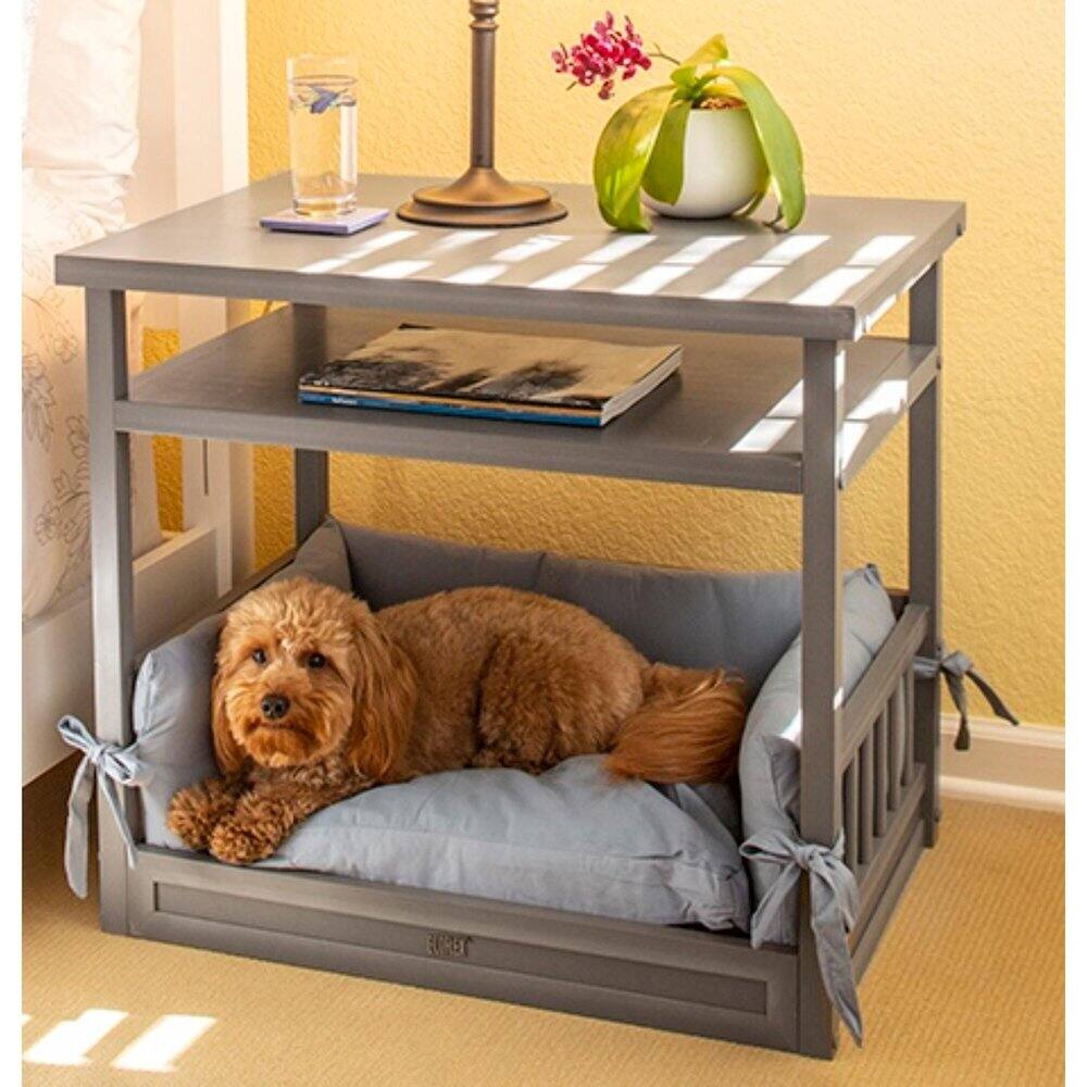 Angle. New Age Pet - ECOFLEX Dog Bed Nightstand-Grey - Grey.