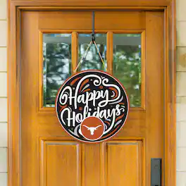 Evergreen Enterprises - Texas Longhorns 18" Happy Holidays Wooden Round Door Sign - Multicolor