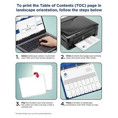 To print the Table of Contents (TOC) page in landscape orientation, follow the steps below:

1. Select landscape option. Customize your TOC with text and/or graphics.
2. Print on blank test page (see printing tips). Then print onto TOC sheet.
3. Flip the dividers over and reverse the order so 1 tab is on top, 2 tab is second, etc.
4. Place in binder in landscape orientation with TOC sheet on top.

*Number of tabs may vary from product depiction.