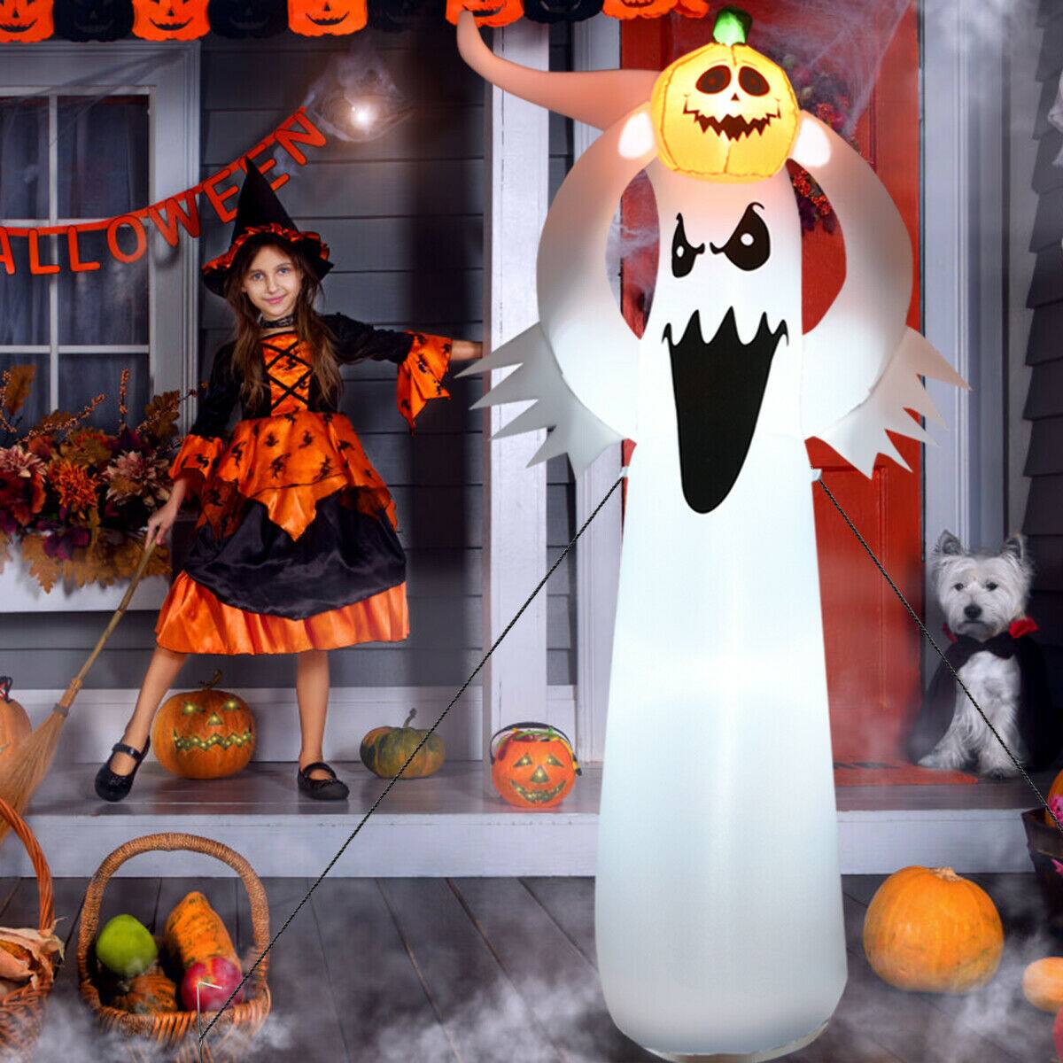 Alt View 11. Costway - 6FT Halloween Inflatable Blow Up Ghost w/ Pumpkin LED Lights Yard Decoration - White/Black.