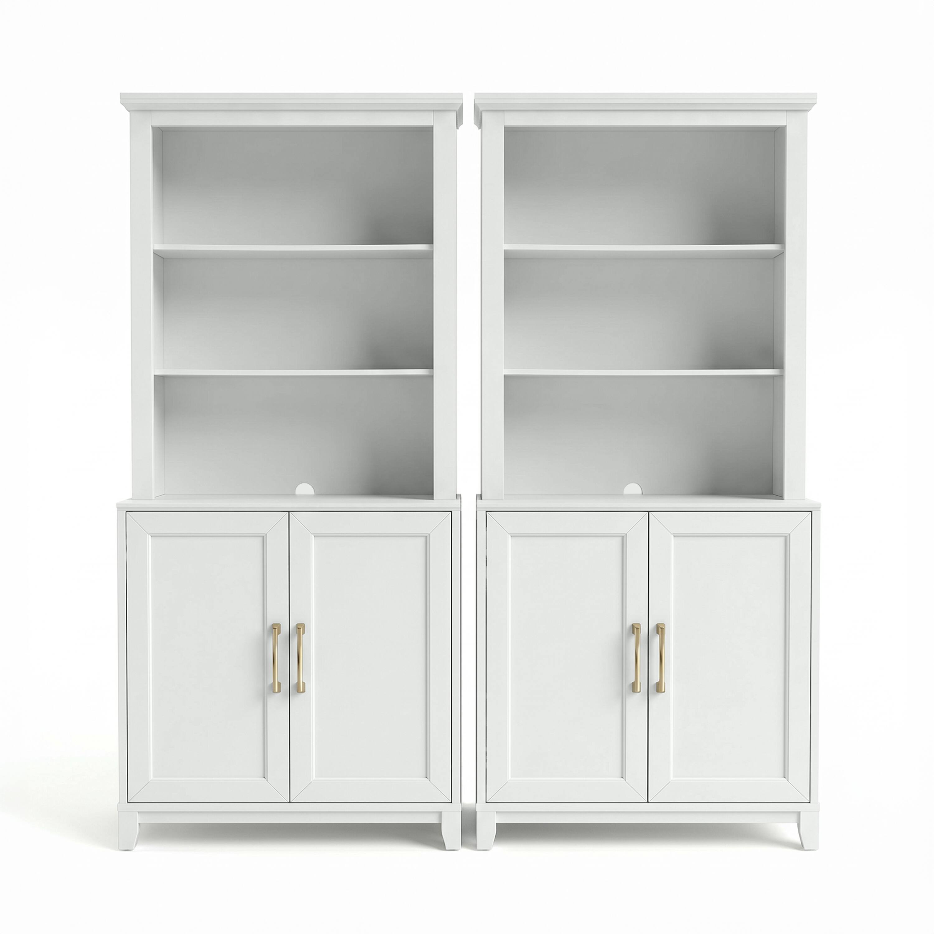 Alt View 1. Martha Stewart - Bedford Set of 2 Modular Cabinets and 2 Hutch Set, Premium Hardware, Open Top Shelves, Soft-Close Doors - White Frame/Gold Hardware.