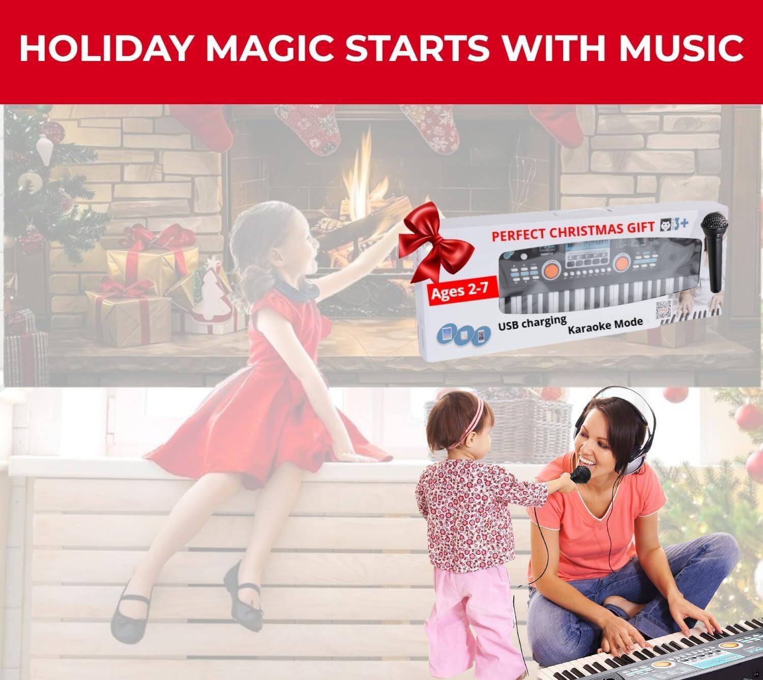 HOLIDAY MAGIC STARTS WITH MUSIC  
CHRISTMAS GIFT  
PERFECT Ages 2-7  
USB charging  
Karaoke Mode