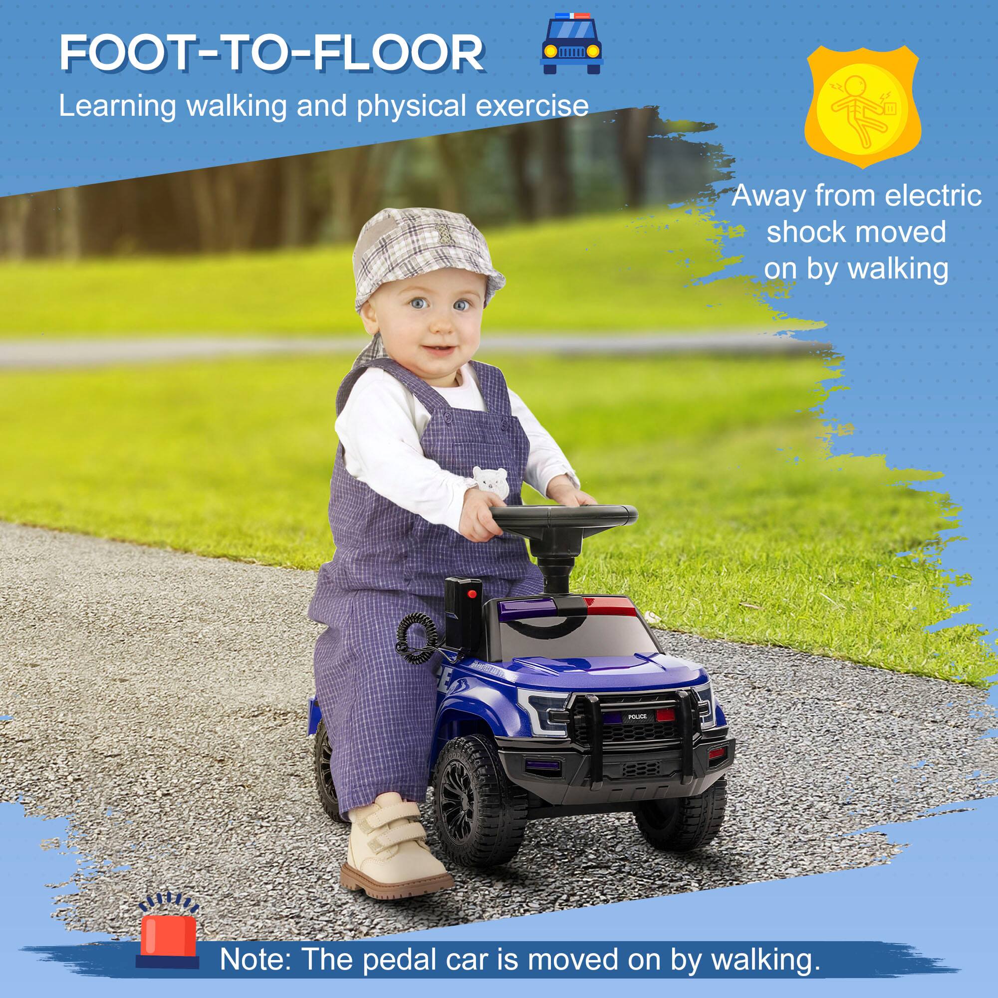 FOOT-TO-FLOOR  
Learning walking and physical exercise  

Away from electric shock moved on by walking  

Note: The pedal car is moved on by walking.