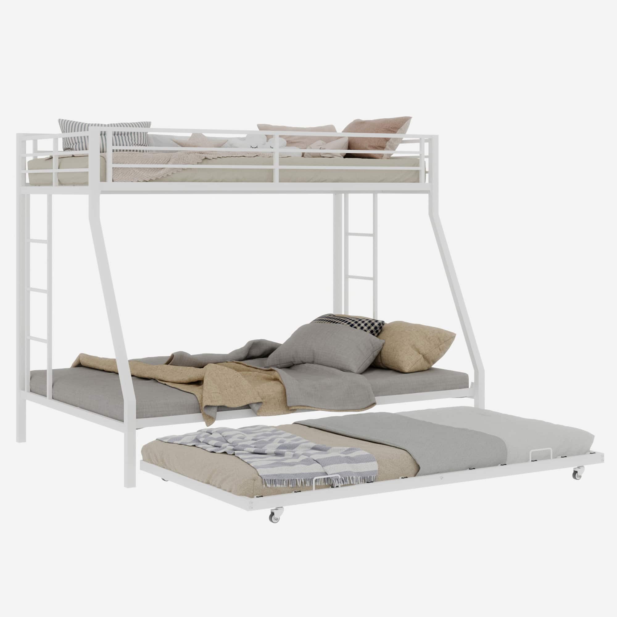 GOODSILO - Full Size Square Tube Triple Sleeper Bunk Bed with Pull-Out Trundle and Ladder for Space Saving - White