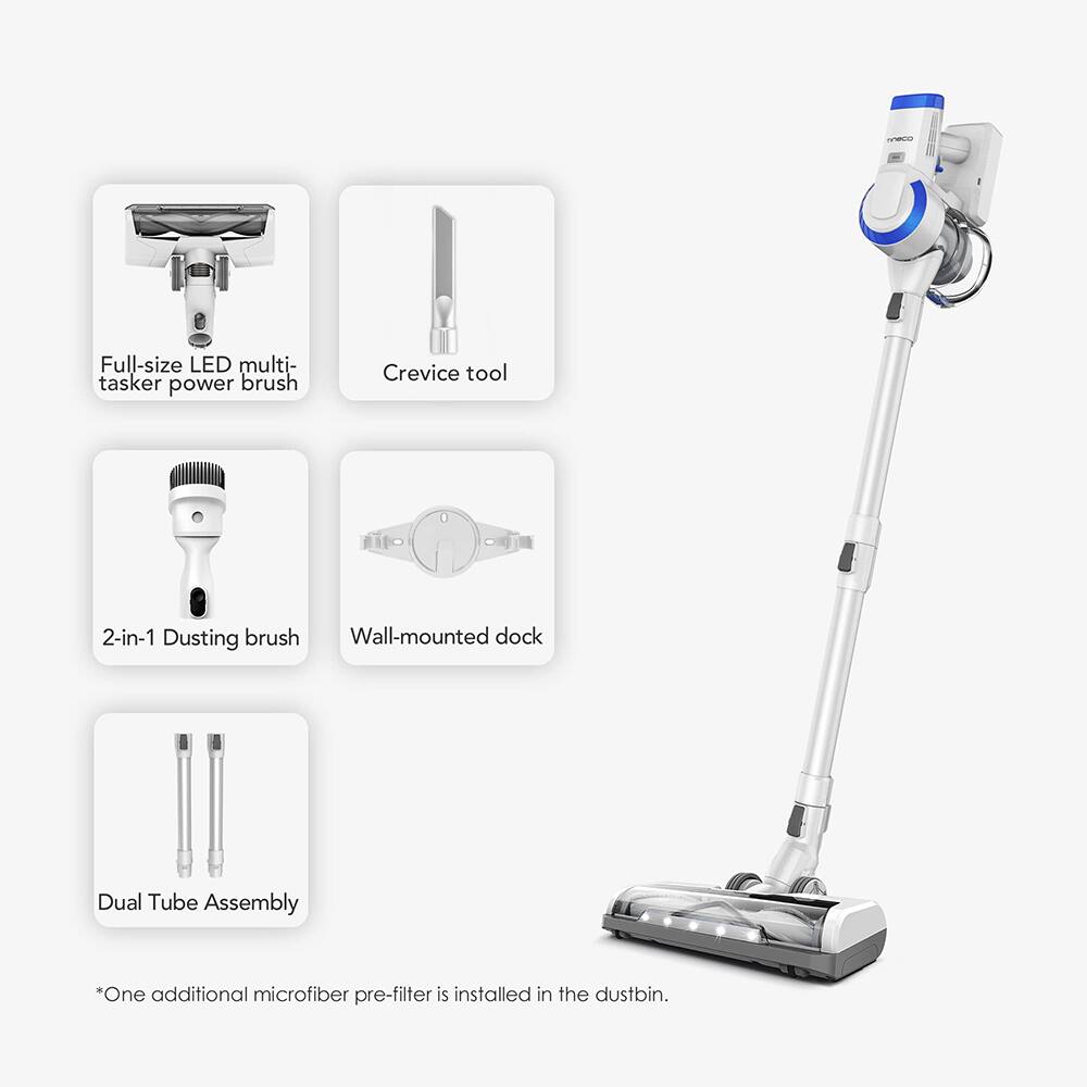 - Full-size LED multi-tasker power brush
- Crevice tool
- 2-in-1 Dusting brush
- Wall-mounted dock
- Dual Tube Assembly

*One additional microfiber pre-filter is installed in the dustbin.