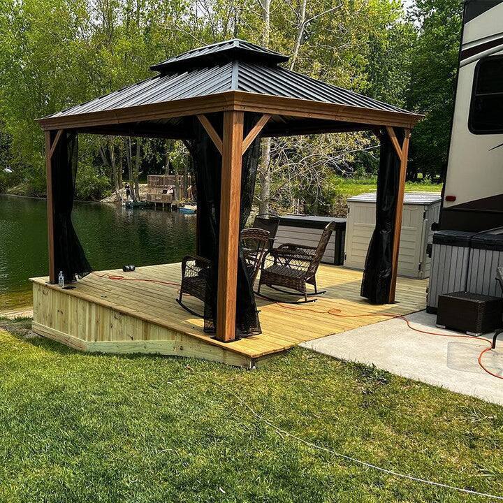 Alt View 1. PURPLE LEAF - 10 X 12 FT Hardtop Outdoor Wood Grain Aluminum Gazebo with Double Roof for Patio Lawn and Garden, Netting Included - 10' X 12'.
