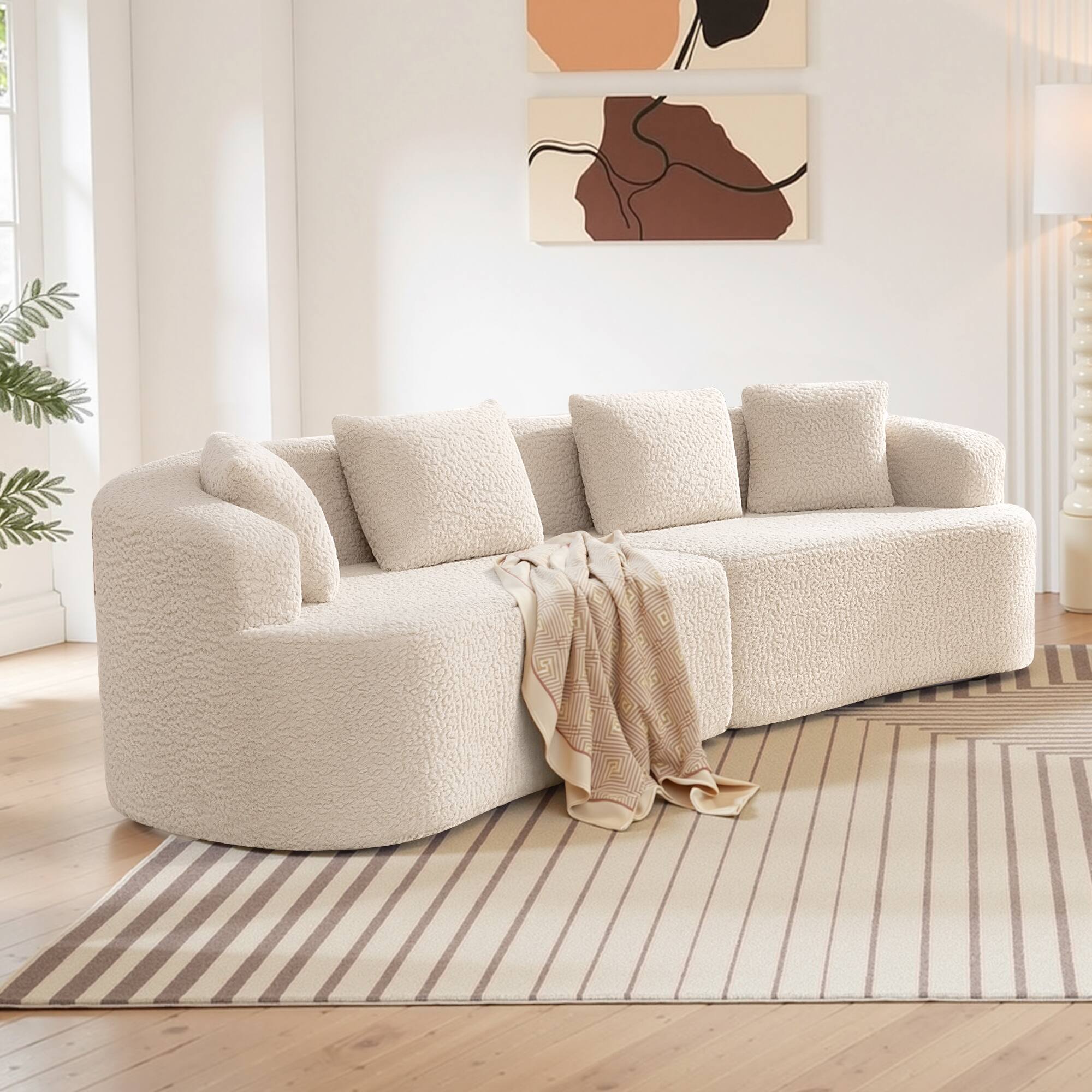 Alt View 5. KERDOM - 112" Corduroy Curved Sectionals Sofa with 4 Pillows, Teddy Plush Floor Couch for Living Room and Apartment, No Install - Beige.