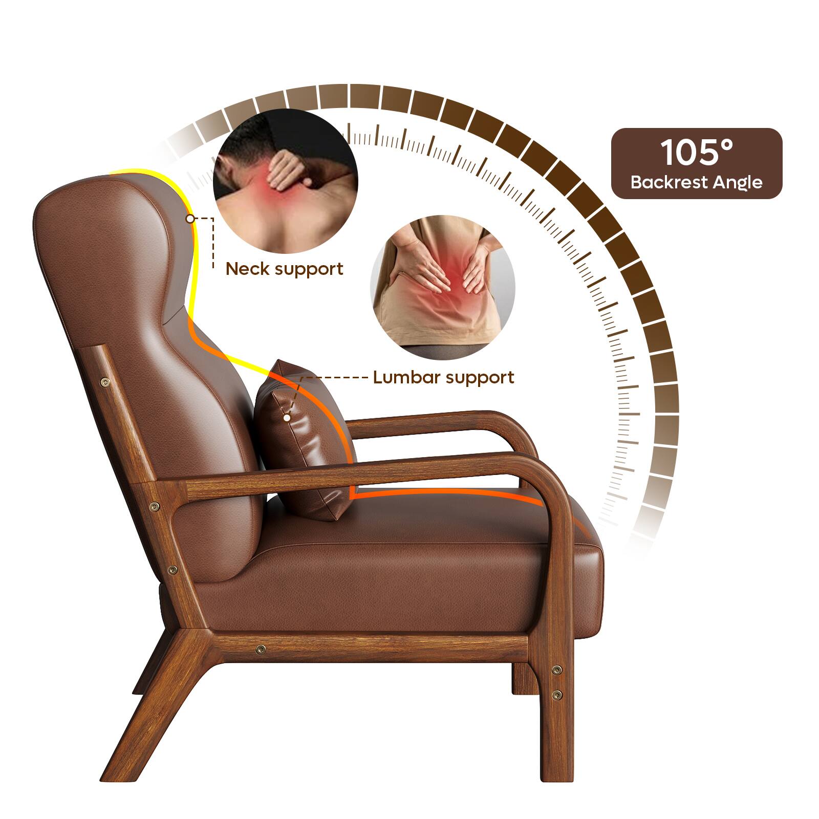 The image features a chair with a backrest angle of 105 degrees. The chair also has a neck support and lumbar support, which are indicated by the presence of a person in the image. The person is shown using the chair with the backrest angle and the support features, suggesting that the chair is designed to provide comfort and support for the user.
