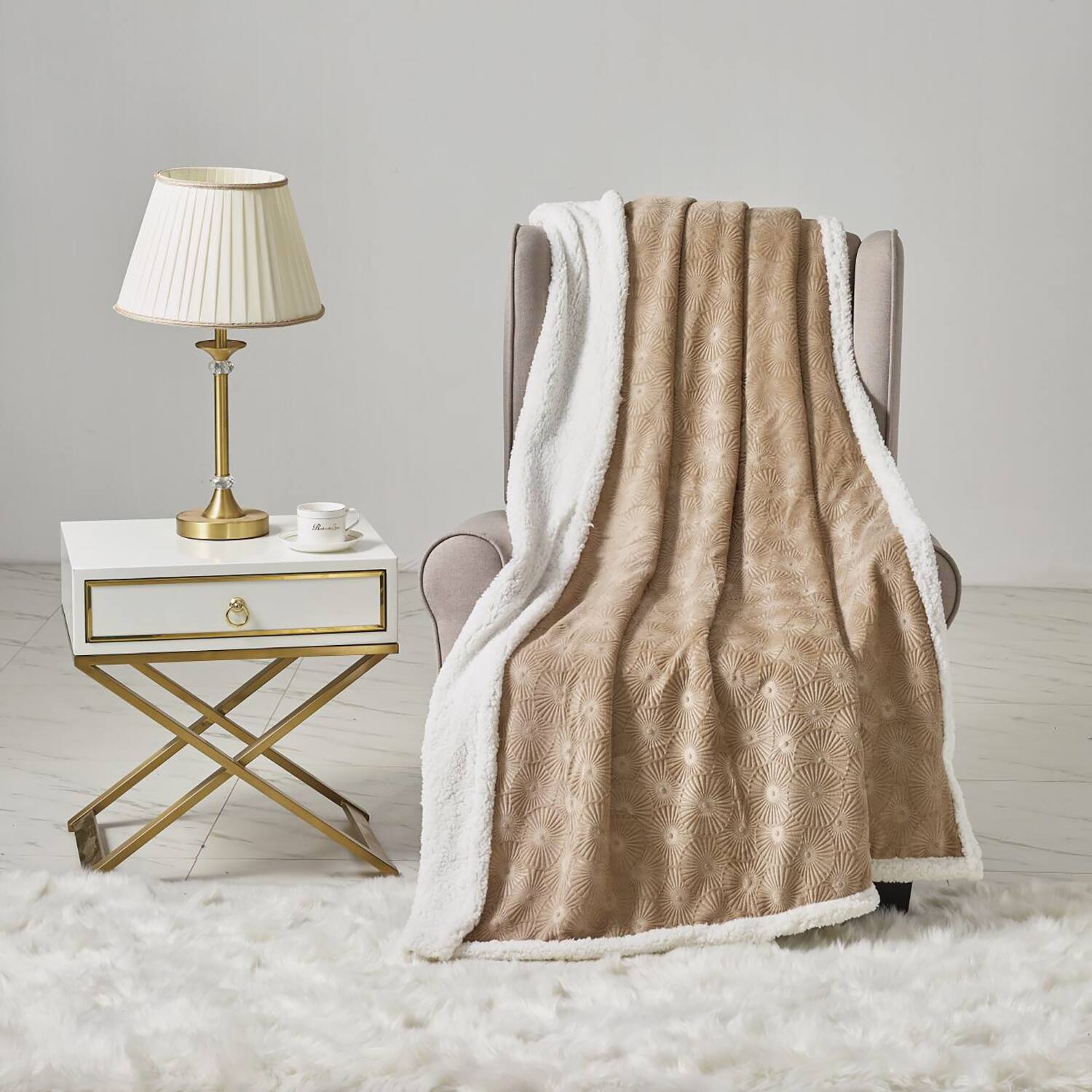 Alt View 4. Noble House - Plazatex Louvre Sherpa Decorative Super Soft Throw Blanket for Sleep/Decor 50" x 60" Taupe - Taupe.