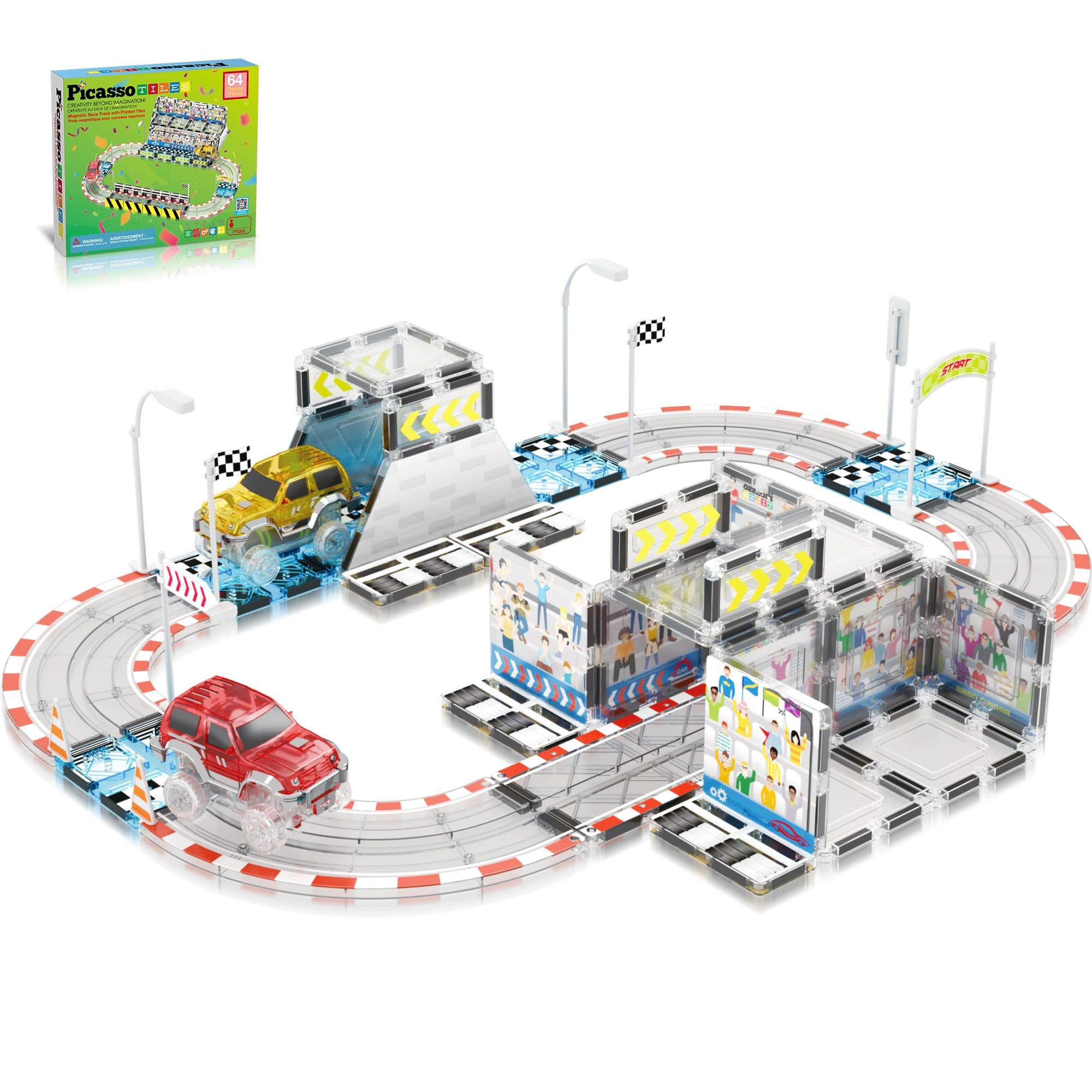 PicassoTiles - 64 Piece Magnetic Race Car Track with Cars Construction Kit Toy Set for Kids PTQ05