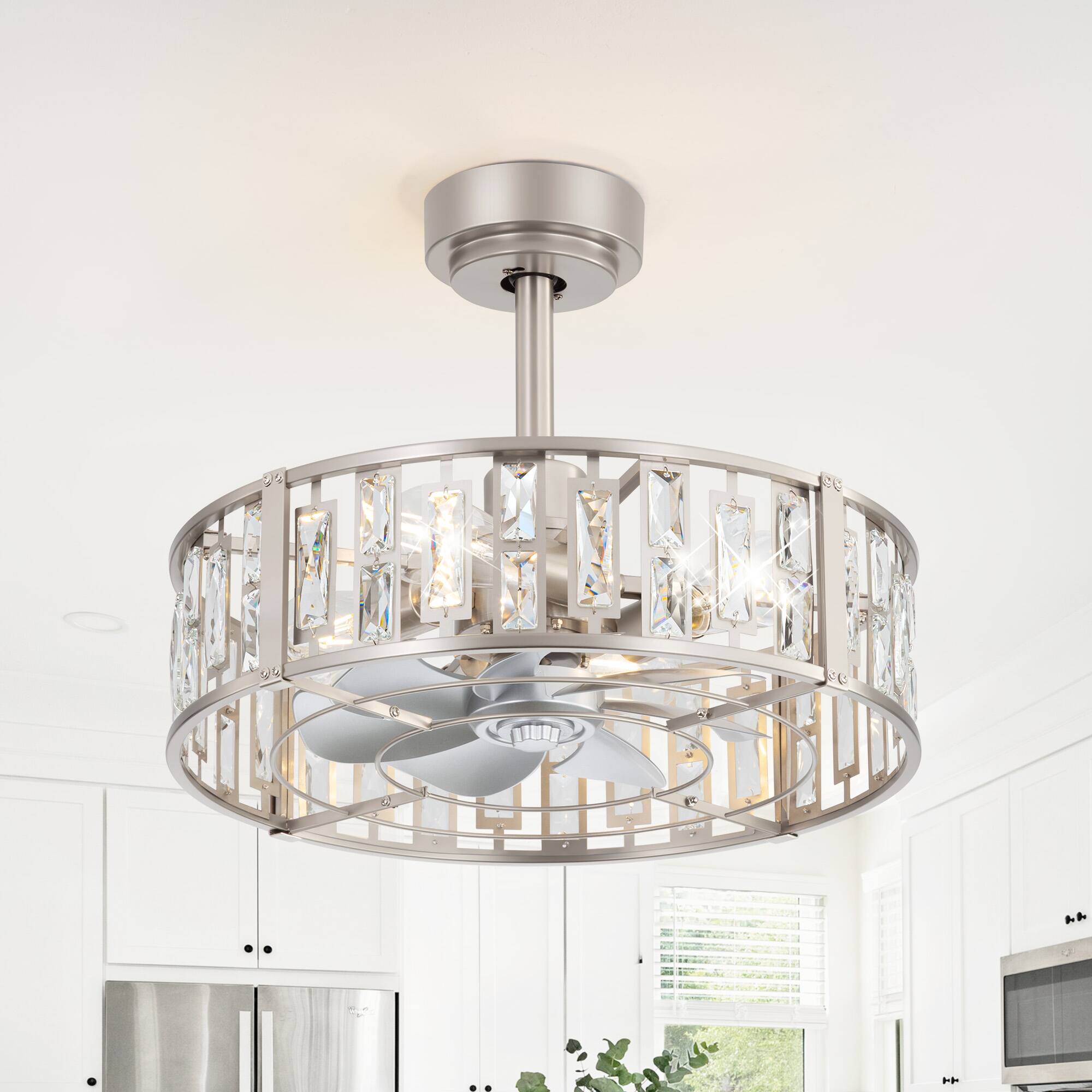 Back. Breezary - 20-In Cage Ceiling Fan with 7 ABS Blades, KD Version, DC Motor, 4''/8'' Downrods, Remote Control with Timer - Satin Nickel.