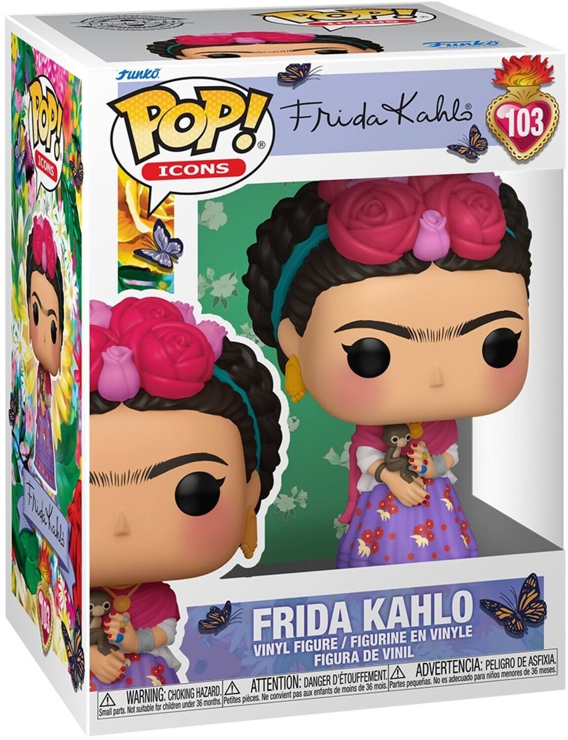 Funko POP! ICONS Frida Kahlo 103  
FRIDA KAHLO VINYLE / FIGURINE EN VINYL FIGURE VINIL FIGURA DE VINIL  
ADVERTENCIA: PELIGRO DE ASFIXIA.  
ATTENTION: DANGER D'ÉTOUFFEMENT.  
WARNING: CHOKING HAZARD.  
No es adecuado para niños menores de 36 meses.  
Not suitable for children under 36 months.
