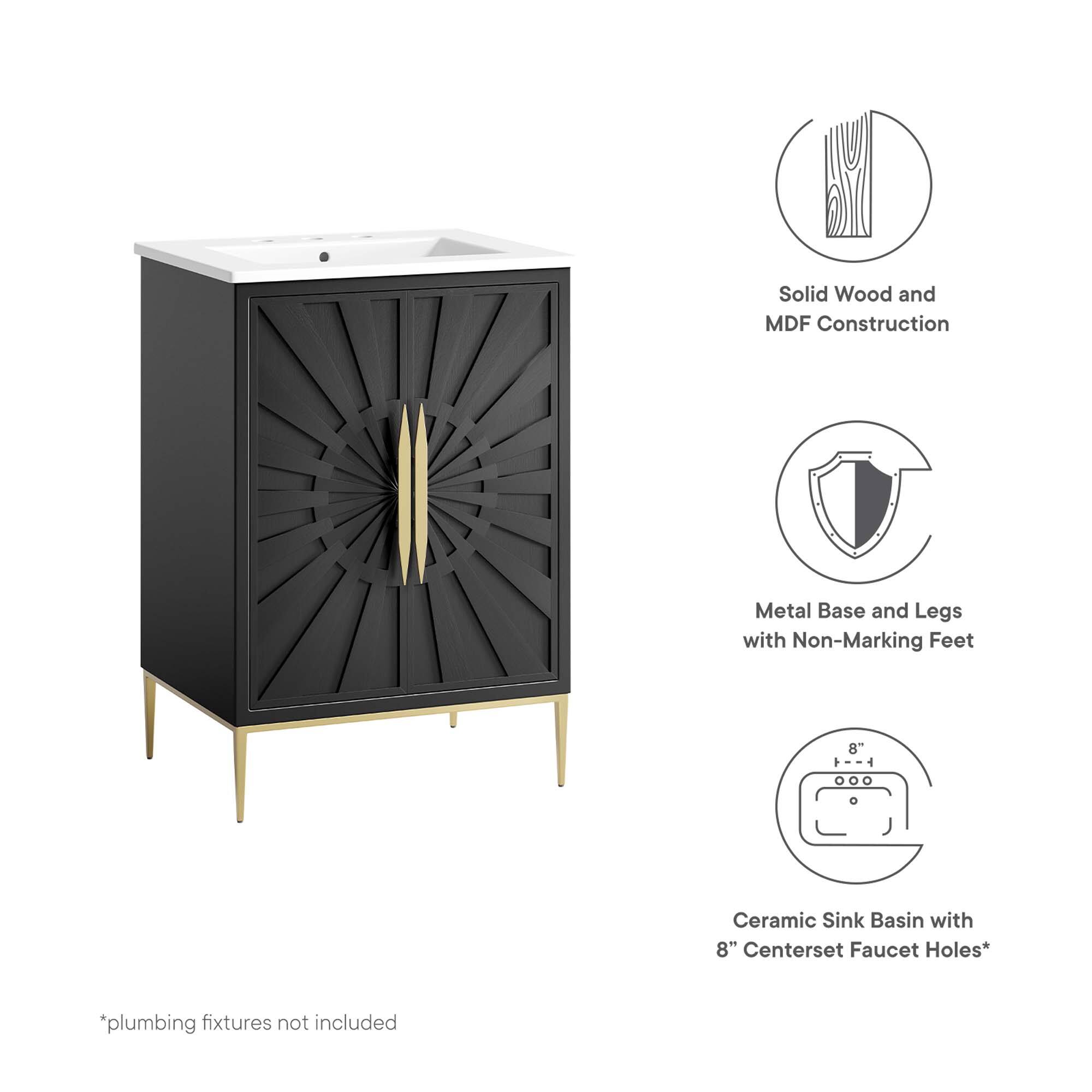 Solid Wood and MDF Construction  
Metal Base and Legs with Non-Marking Feet  
8" Ceramic Sink Basin with 8" Centerset Faucet Holes*  
*plumbing fixtures not included