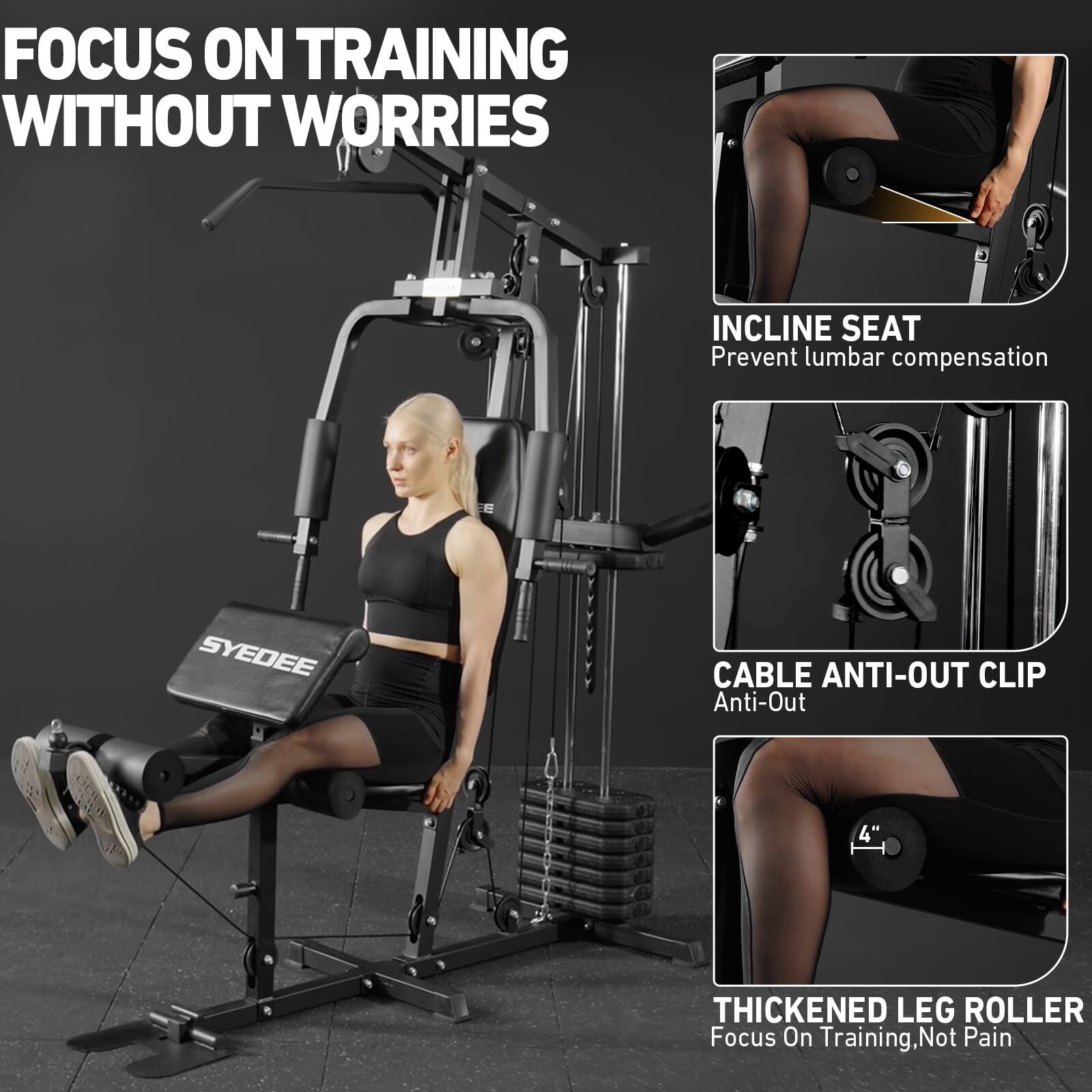FOCUS ON TRAINING WITHOUT WORRIES

INCLINE SEAT  
Prevent lumbar compensation

CABLE ANTI-OUT CLIP  
Anti-Out

THICKENED LEG ROLLER  
Focus On Training, Not Pain