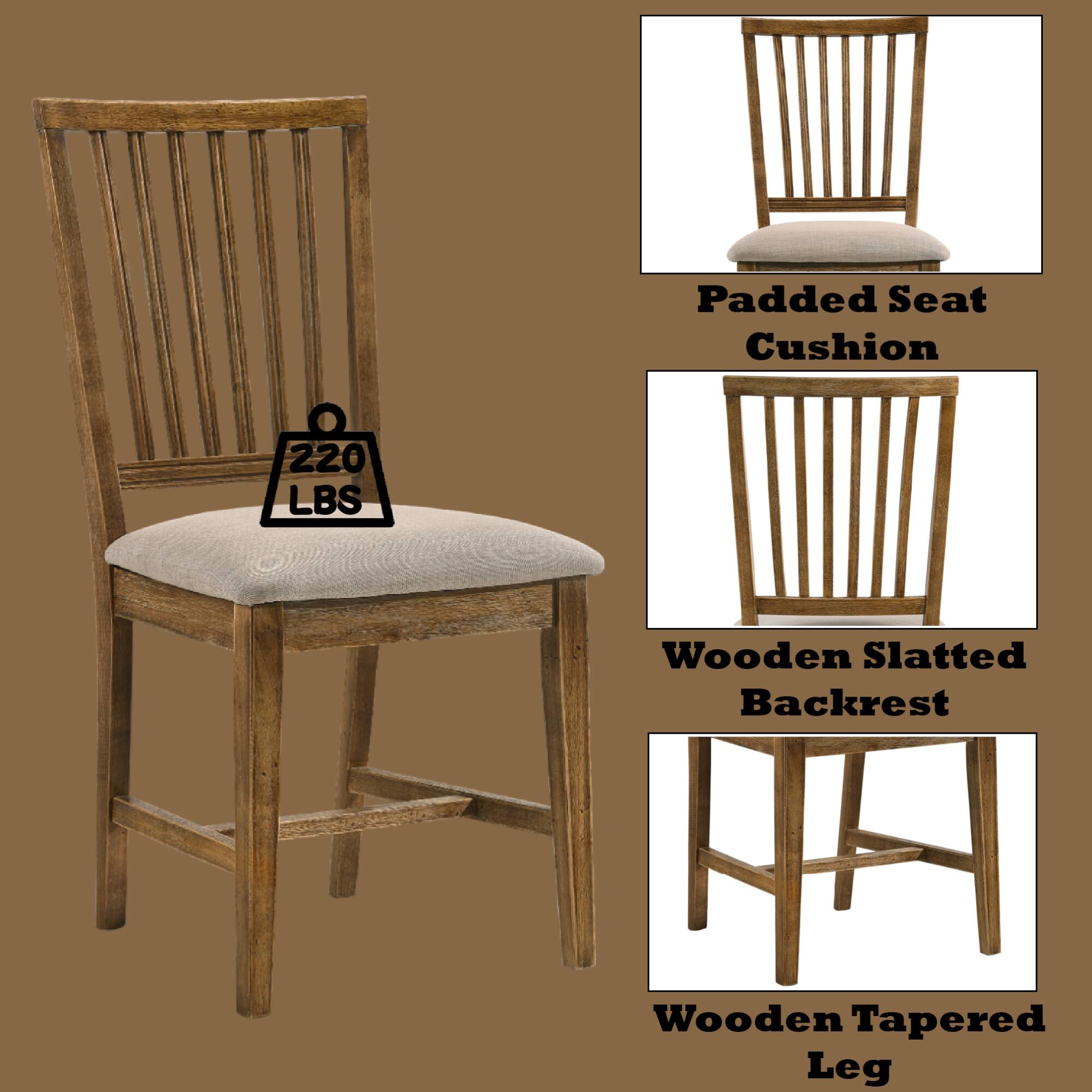 - Padded Seat Cushion
- Wooden Slatted Backrest
- Wooden Tapered Leg
- 220 LBS