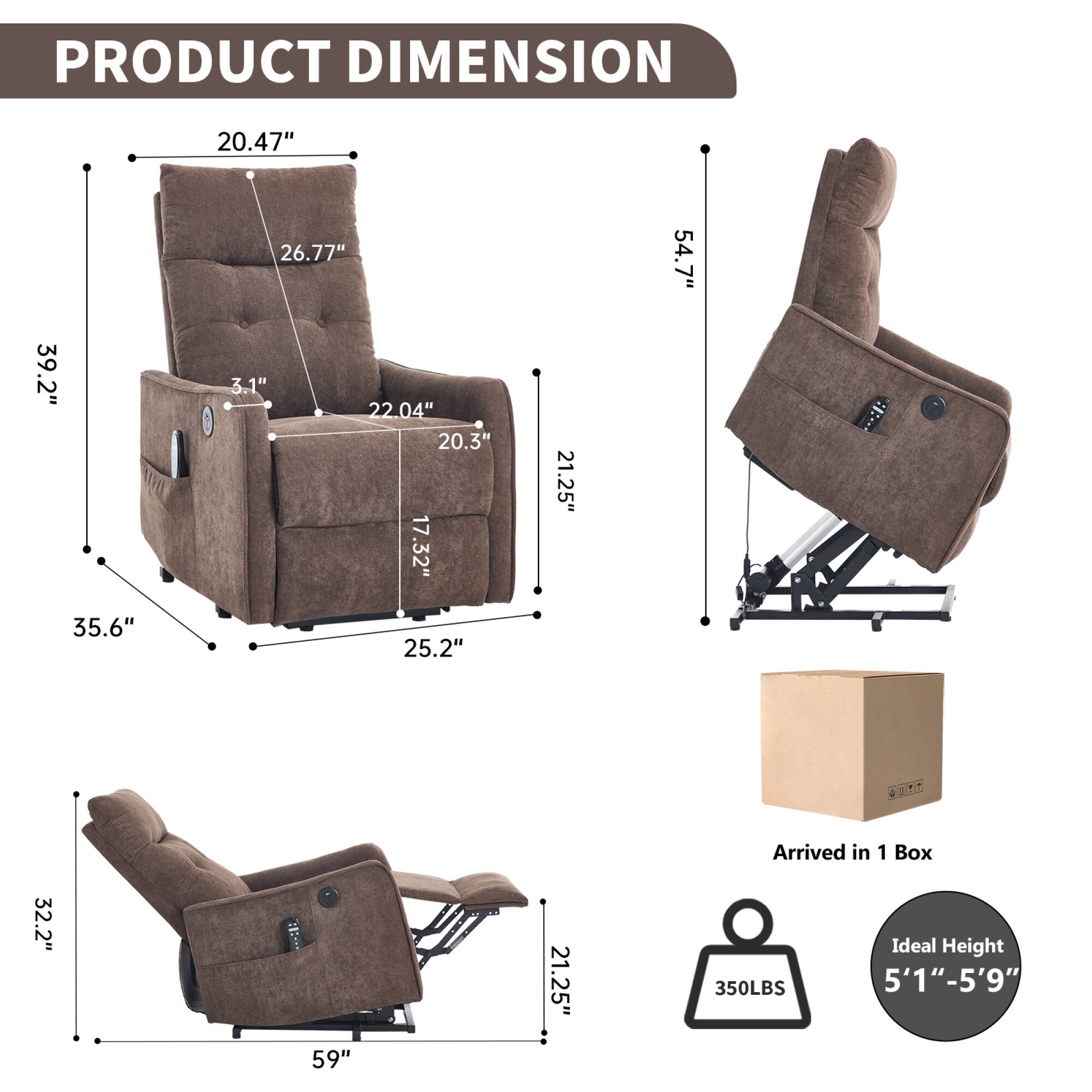 PRODUCT DIMENSION

- Width: 39.2"
- Depth: 35.6"
- Height: 54.7"
- Seat Height: 20.3"
- Seat Depth: 22.04"
- Arm Height: 20.47"
- Back Height: 26.77"
- Armrest Height: 3.1"
- Footrest Height: 25.2"
- Footrest Depth: 21.25"
- Base Width: 59"
- Base Depth: 32.2"
- Ideal Height: 5'1" - 5'9"
- Weight Capacity: 350LBS
- Arrived in 1 Box