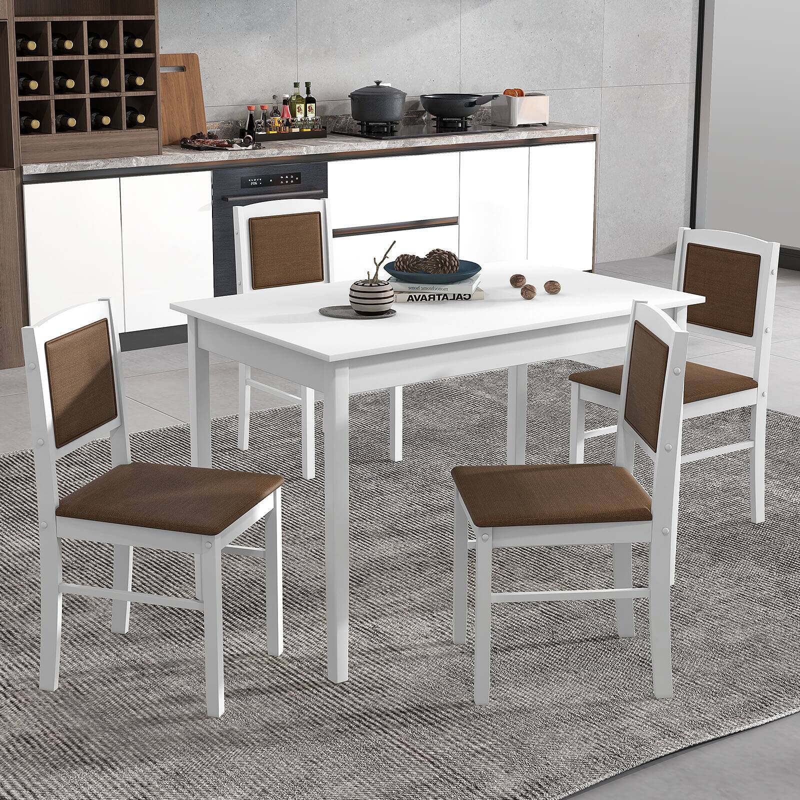 Alt View 12. Costway - 5 PCS Dining Table Set for 4 w/Rubber Wood Legs Upholstered Seat Padded Backrest - White and Brown.