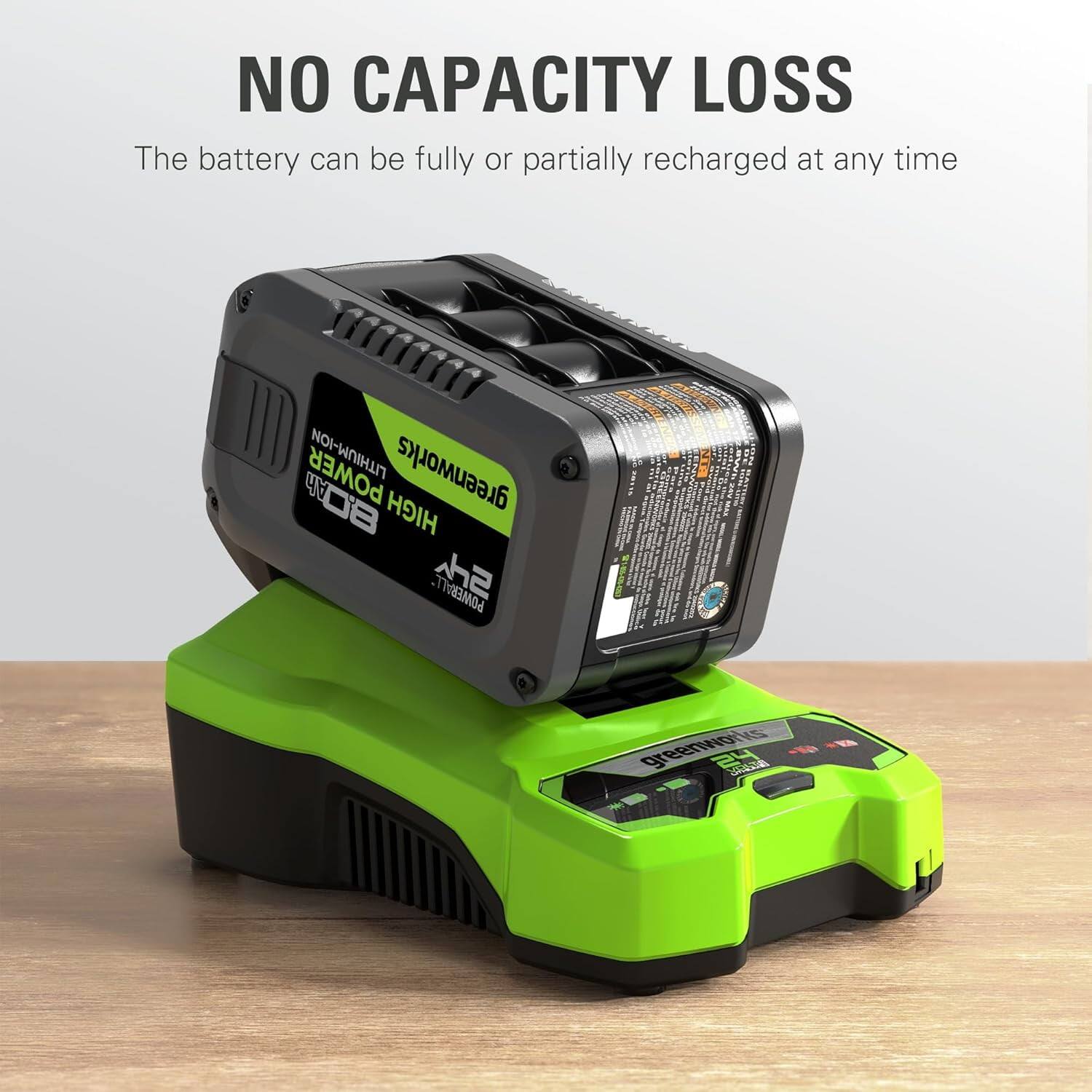 NO CAPACITY LOSS  
The battery can be fully or partially recharged at any time  

POWERALL 5.0  
greenworks  
HIGH POWER  
NO MEMORY LOSS  

greenworks  
POWERALL