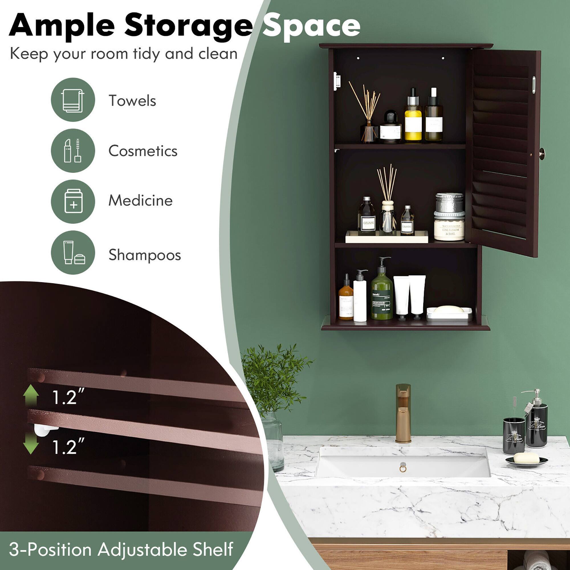 Ample Storage Space  
Keep your room tidy and clean  

- Towels  
- Cosmetics  
- Medicine  
- Shampoos  

1.2"  
1.2"  

3-Position Adjustable Shelf