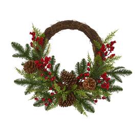 BreeBe - 22" Mixed Pine and Cedar with Berries and Pine Cones Wreath - Multi