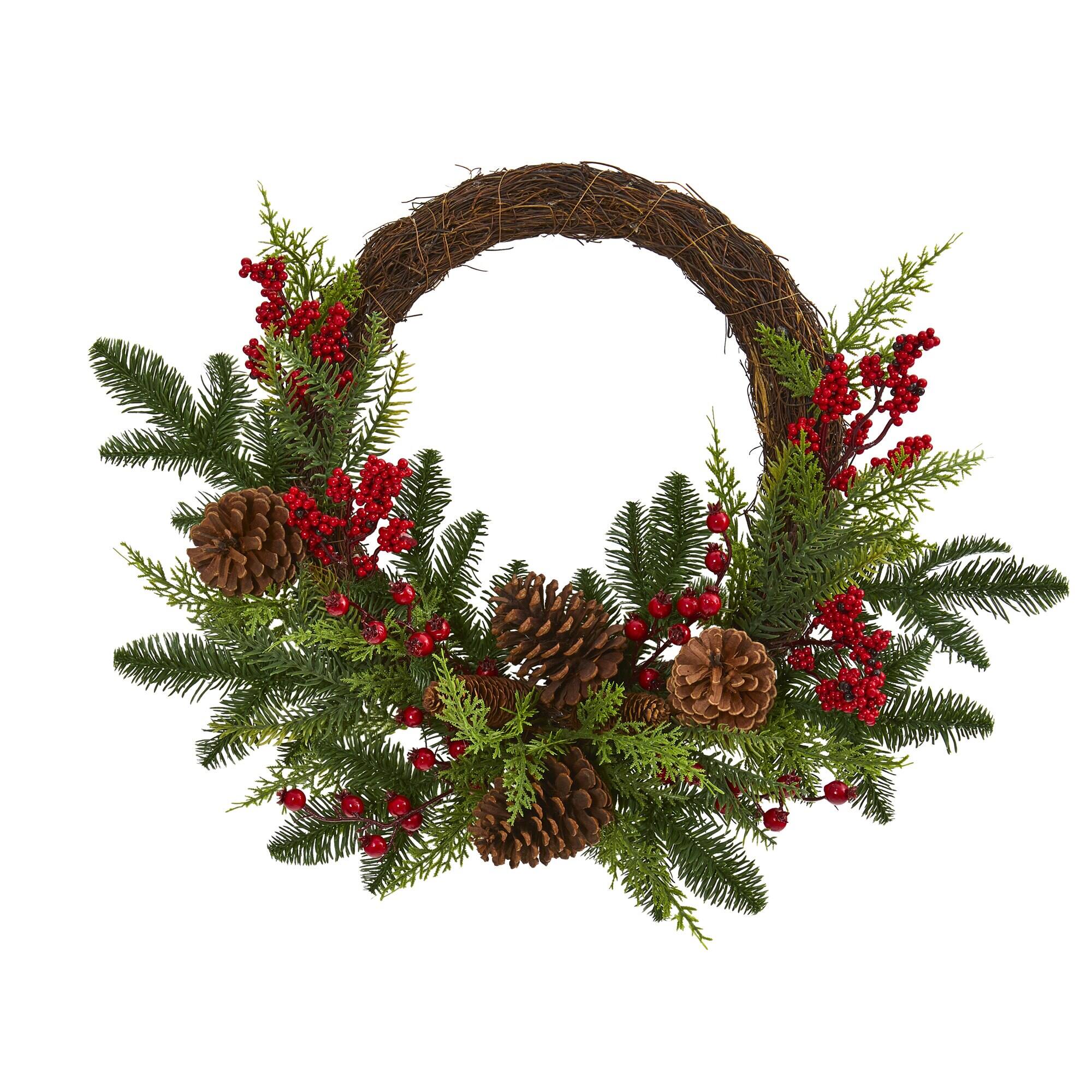 Front. BreeBe - 22" Mixed Pine and Cedar with Berries and Pine Cones Wreath - Multi.
