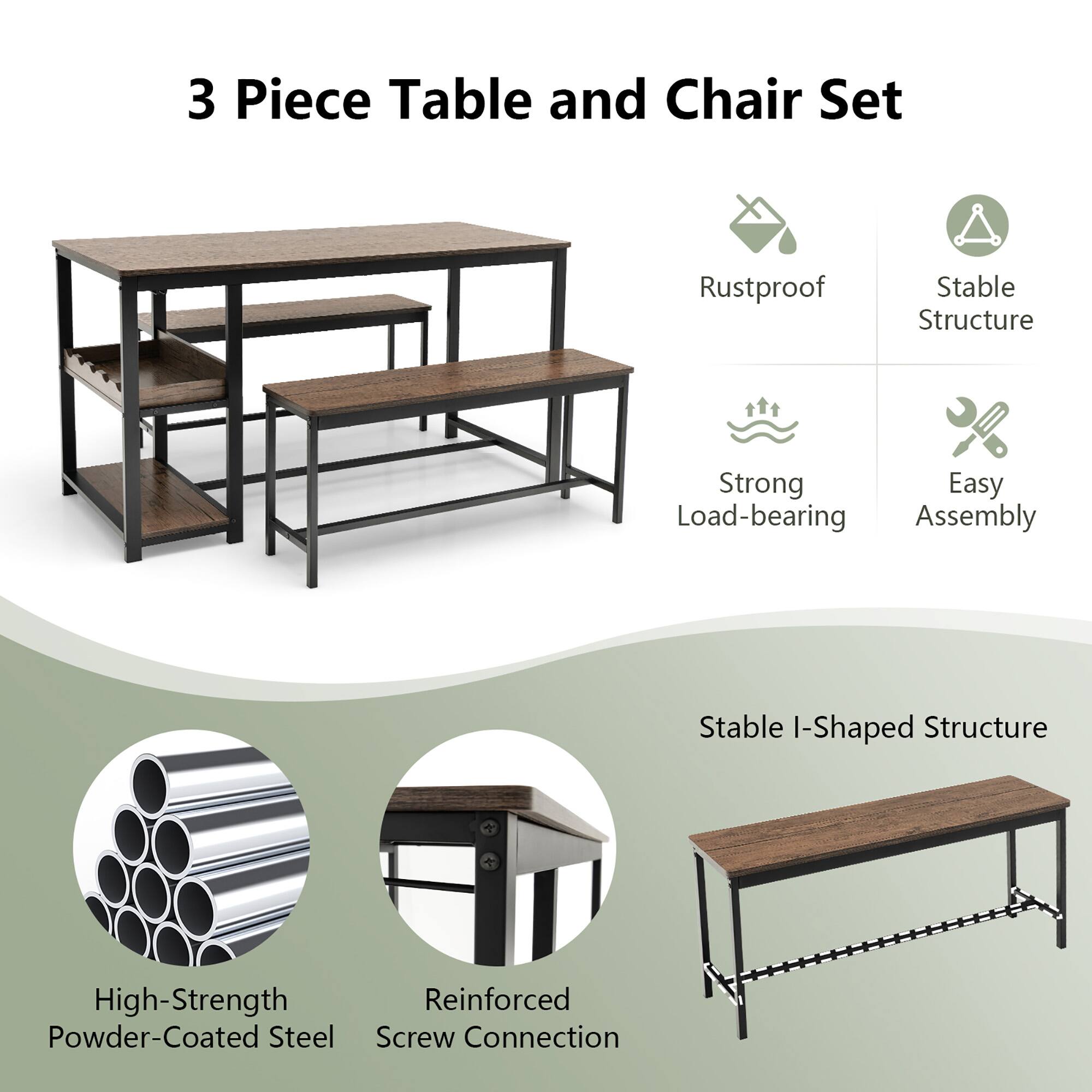 3 Piece Table and Chair Set

- Rustproof
- Stable Structure
- Strong Load-bearing
- Easy Assembly
- Stable I-Shaped Structure
- High-Strength Powder-Coated Steel
- Reinforced Screw Connection