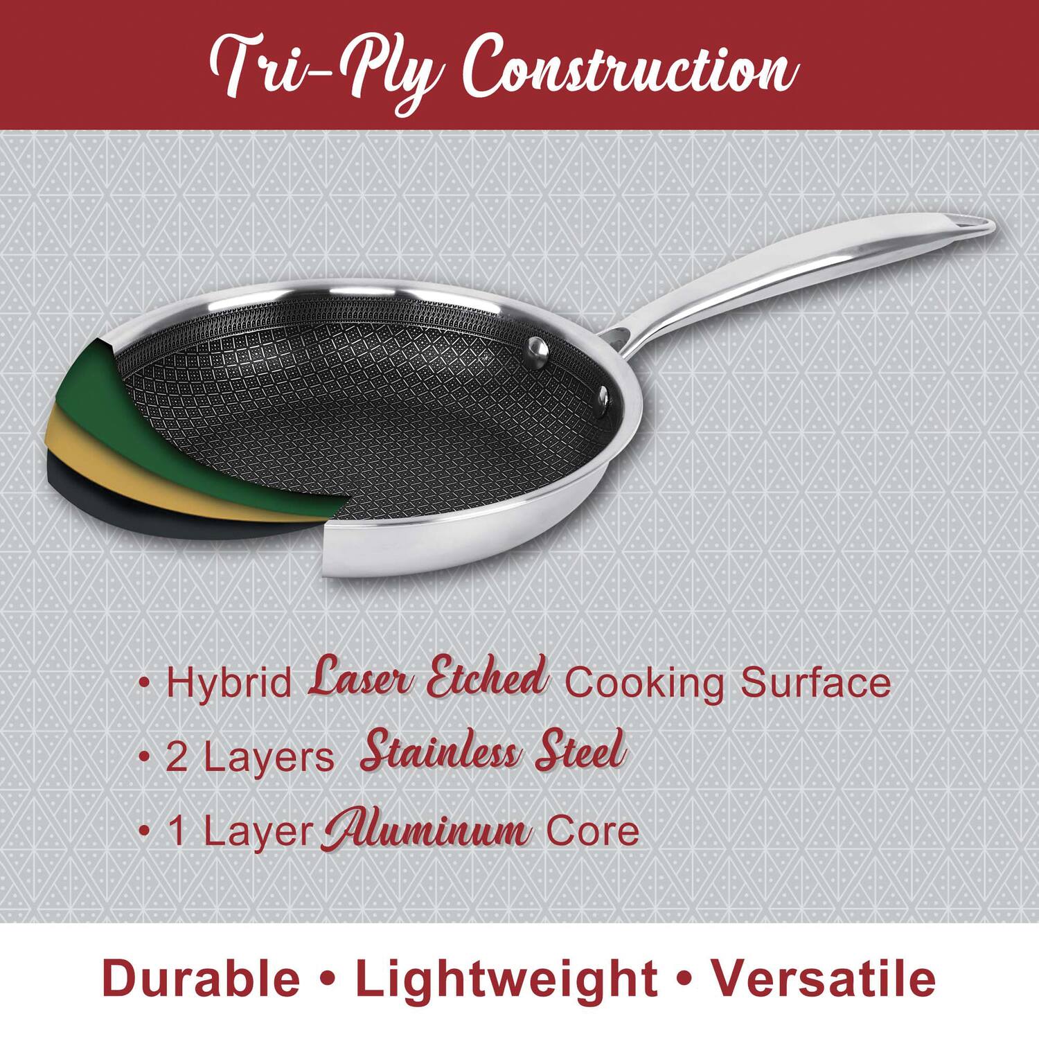 Tri-Ply Construction

- Hybrid Laser Etched Cooking Surface
- 2 Layers Stainless Steel
- 1 Layer Aluminum Core

Durable • Lightweight • Versatile