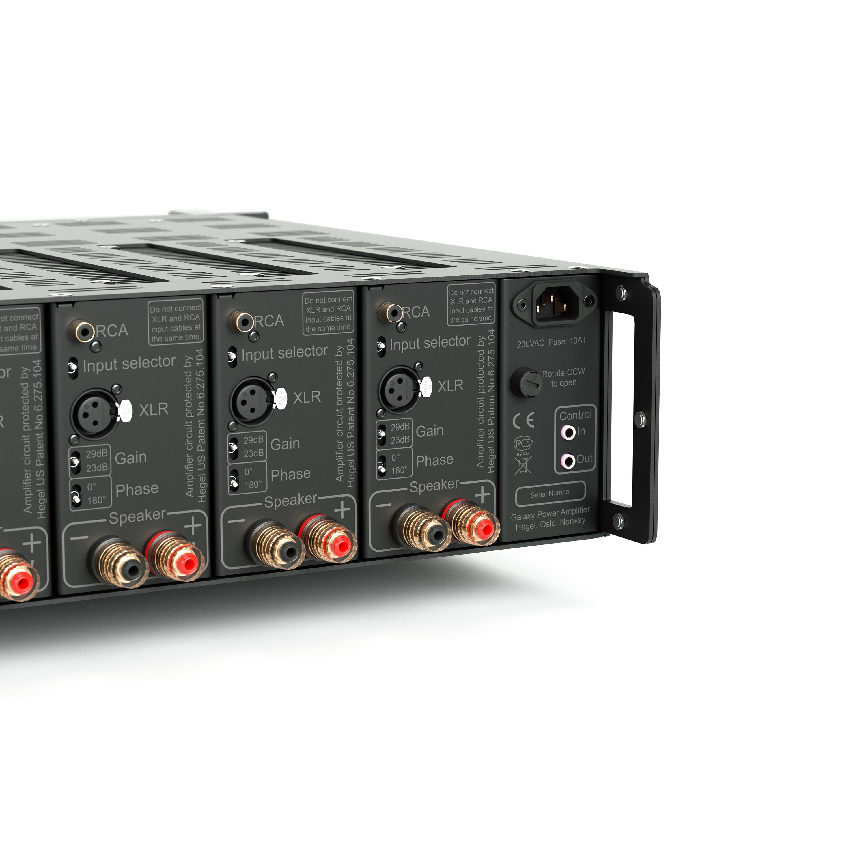 The text on the image is grouped and corrected as follows:

1. Do not connect XLR and RCA input cables at the same time or by the same selector.
2. The Input selector by 104 is protected at 6.275 V.
3. No circuit is patented.
4. The amplifier has a 29 dB gain and a 23 dB US 0 phase.
5. The amplifier is made by Hegel.
6. The speaker has a 180 watt power amplifier.
7. The amplifier has a 230VAC fuse of 10AT.
8. Rotate CCW to open the control in out section.
9. The amplifier is made by Galaxy.
10. The amplifier is made by Oslo.