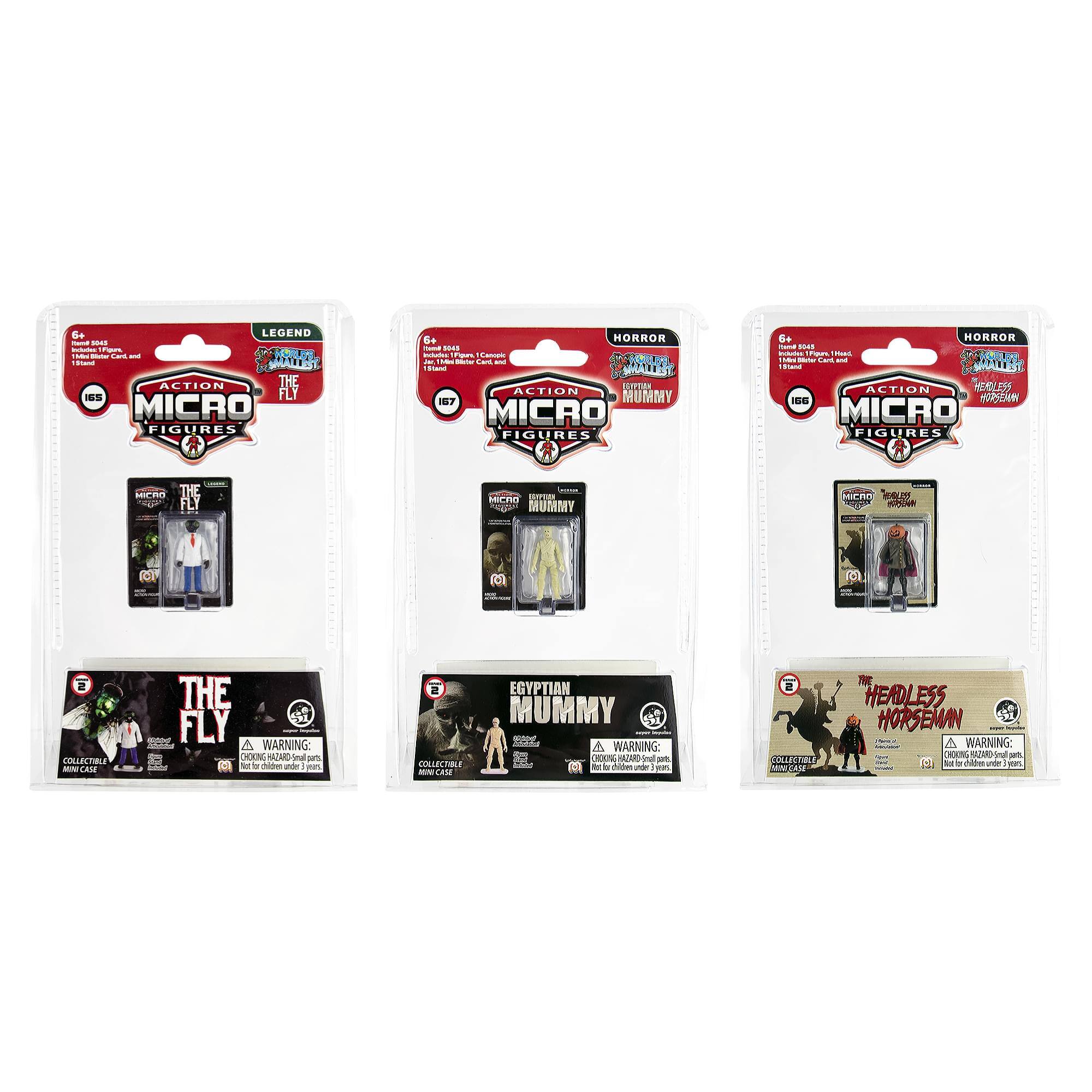 - ACTION MICRO FIGURES
- LEGEND
- THE FLY
- HORROR
- EGYPTIAN MUMMY
- THE HEADLESS HORSEMAN
- COLLECTIBLE MINI CASE
- WARNING: CHOKING HAZARD - Small parts. Not for children under 3 years.