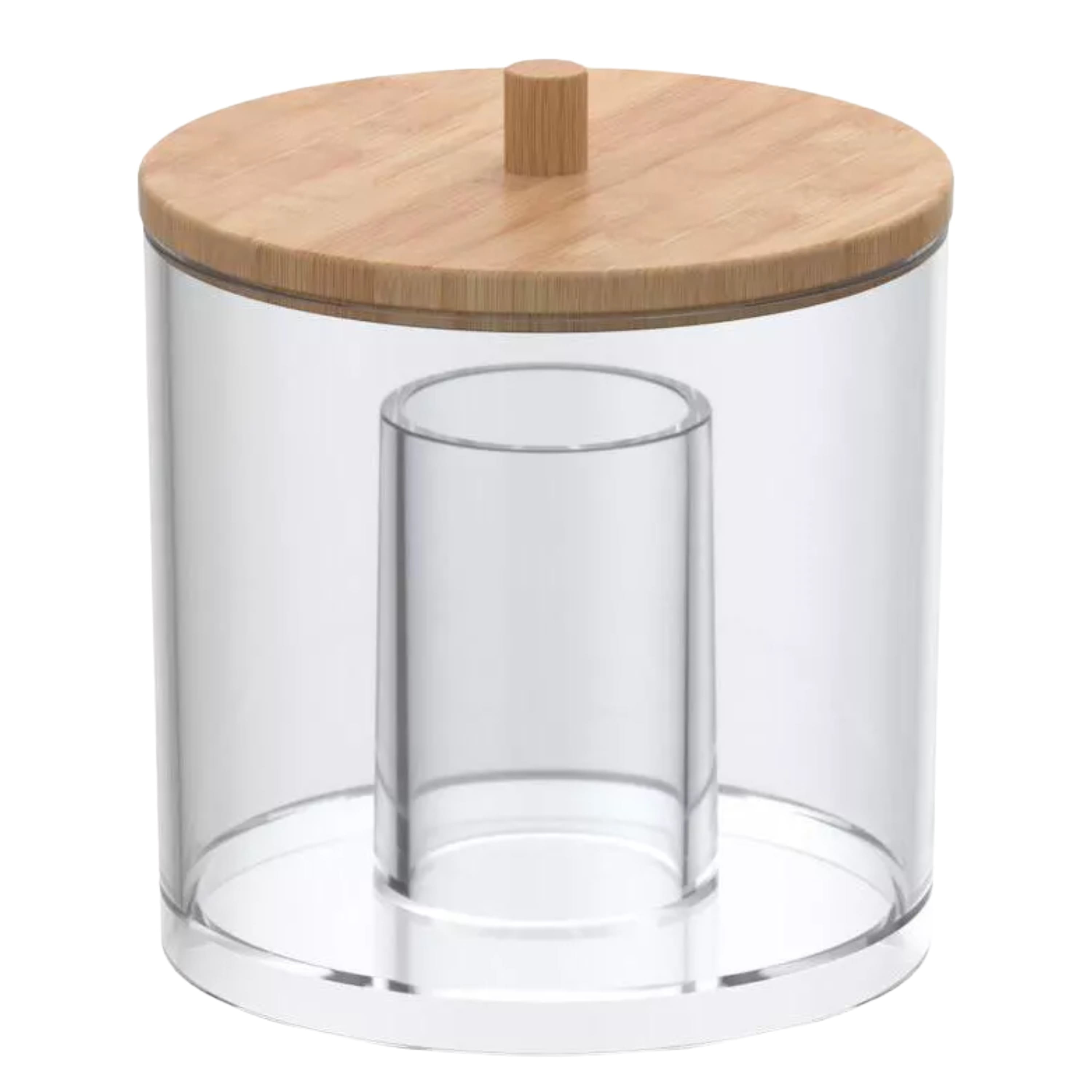 Elle - Acrylic Cotton Ball and Swab Organizer with Bamboo Lid, Clear Qtips Dispenser, Easy Refill Jar, Vanity Organizer - Clear/Natural Bamboo