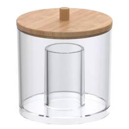 Elle - Acrylic Cotton Ball and Swab Organizer with Bamboo Lid, Clear Qtips Dispenser, Easy Refill Jar, Vanity Organizer - Clear/Natural Bamboo